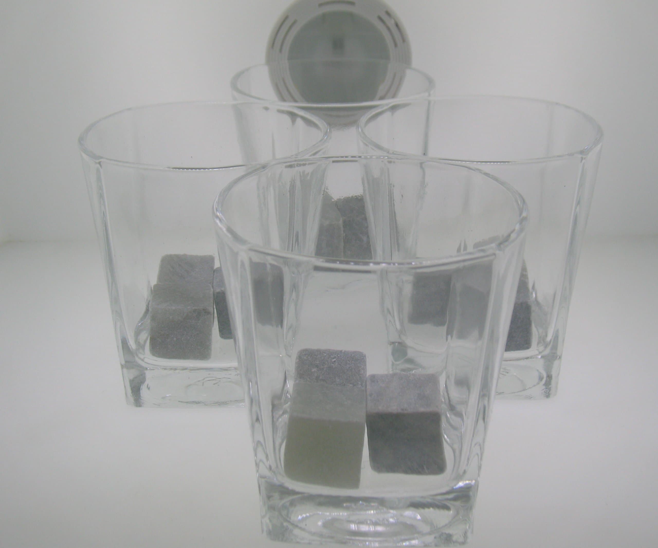 Old fashioned Scotch Whiskey Crystal Glass Convention Barware set with 12 soapstone whiskey stones - square base round top