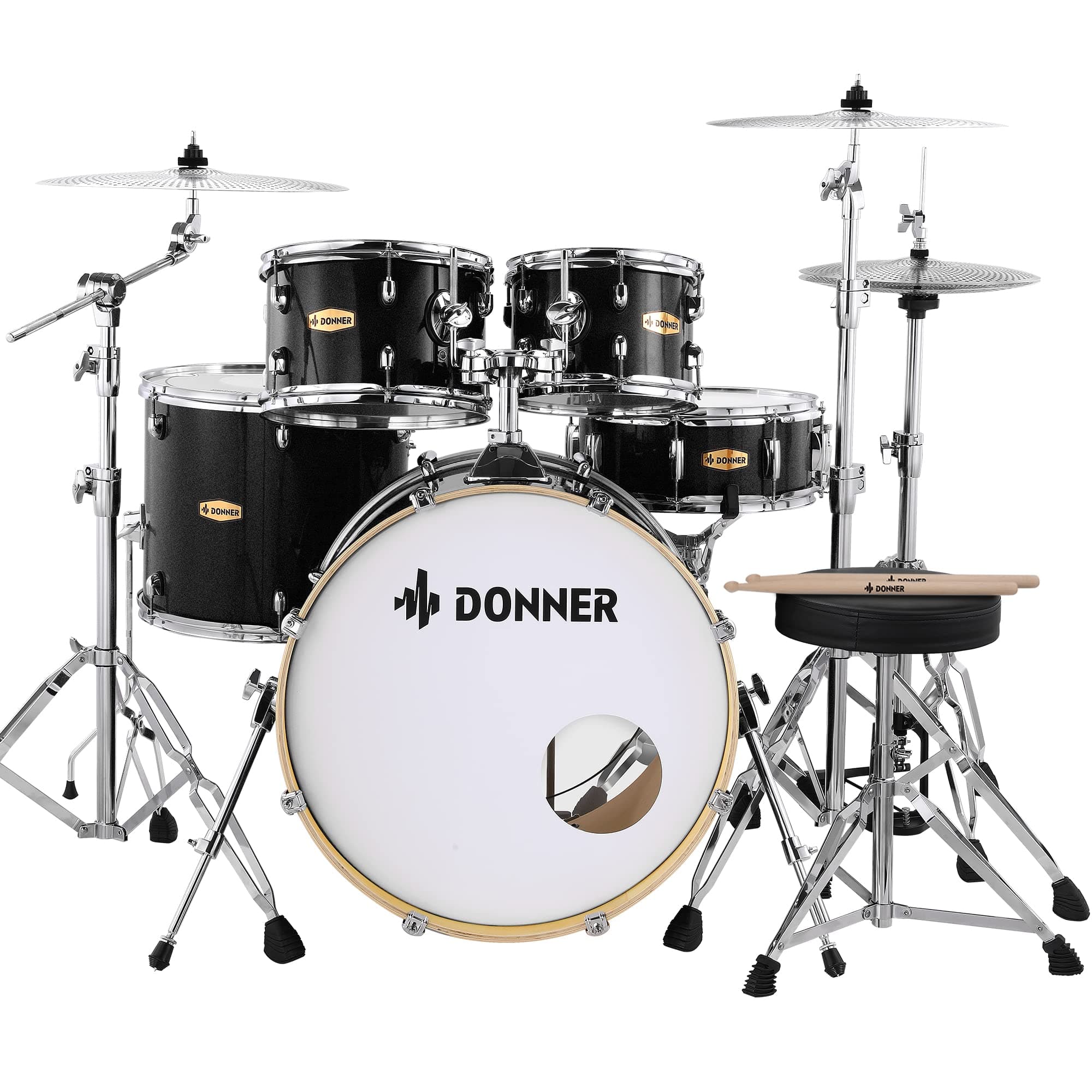 Drum Set Adult with Practice Mute Pad,5-Piece 22 inch Full Size Acoustic Drum Kit, Black- DDS-520