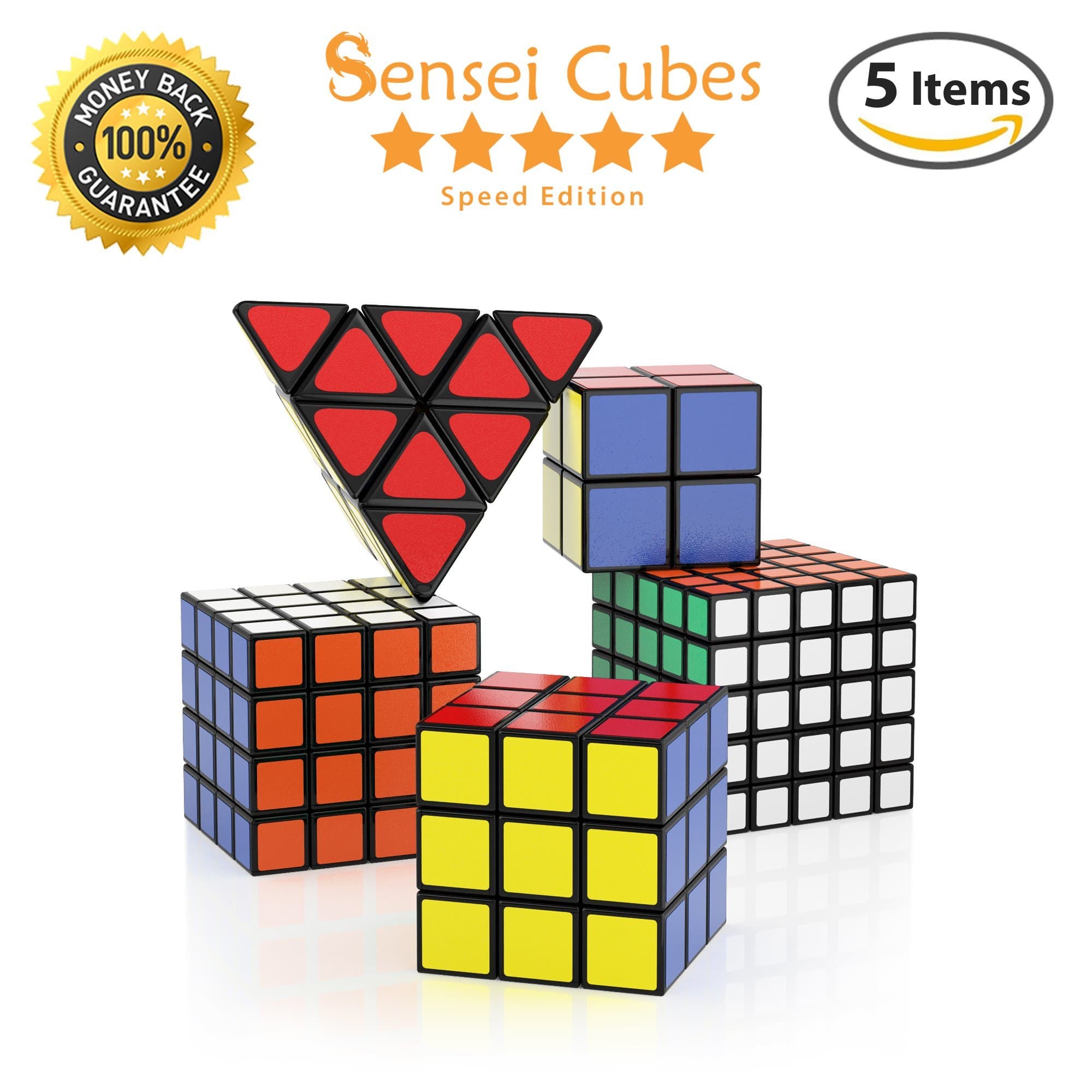 Sensei Cubes - 5 Awesome Cubes incl. Pyraminx, 2x2, 3x3, 4x4, 5x5 Puzzle Cube Pack Bundle - Speed Edition