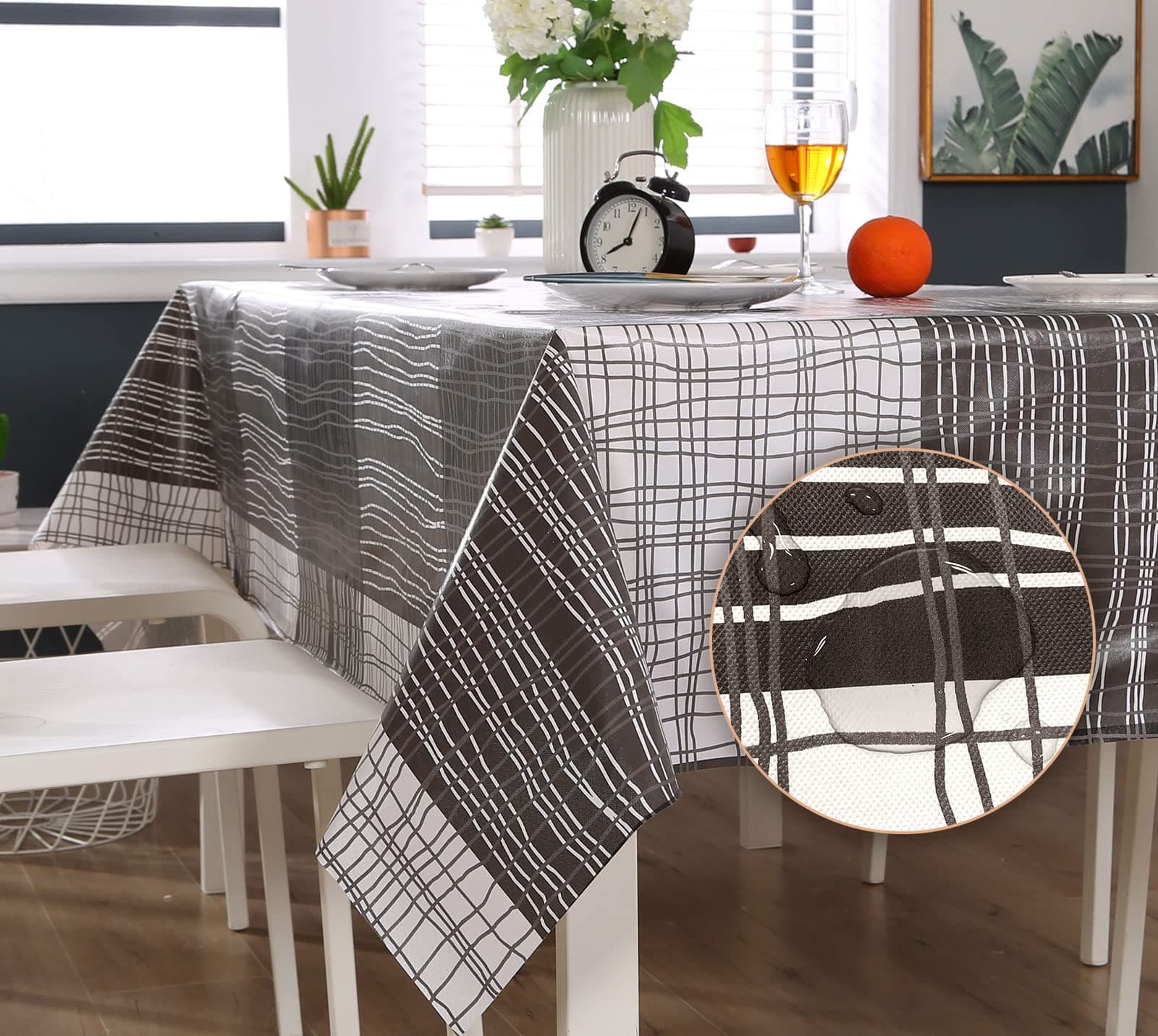 Qucover Waterproof Tablecloths Rectangular Large Dust-proof Elegant Grey White Checked PVC Plastic Wipe Clean Tablecloths for Kitchen Dinning Table 140x240 cm
