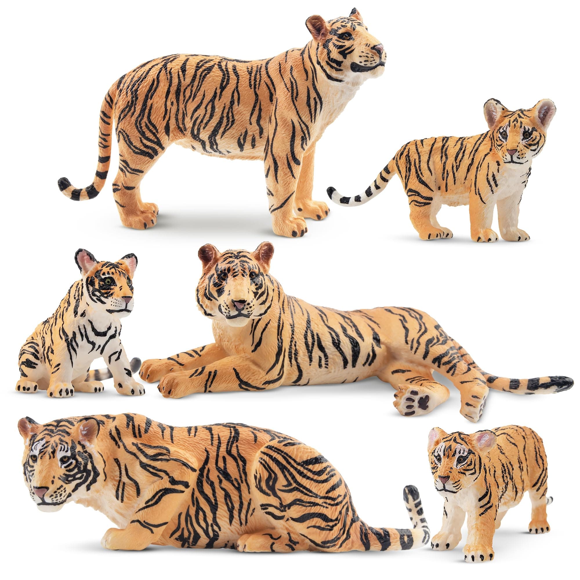 6PCS Realistic Tigers Figurines with Tiger Cubs, 2-6" Jungle Animals Figures Family Set, Educational Toy Cake Toppers Christmas Birthday Gift for Kids Toddlers