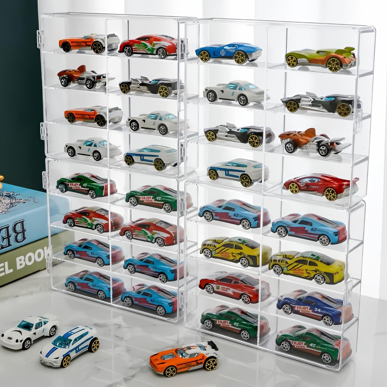 Hot 1/64 Scale Matchbox Wheels Toy Car Display Case Holds 32 Toy Cars Storage Organizer,Dustproof,Clear Matchbox Toy Car Display Box 6.5 X 7.5 X 1.6 inches 4pcs