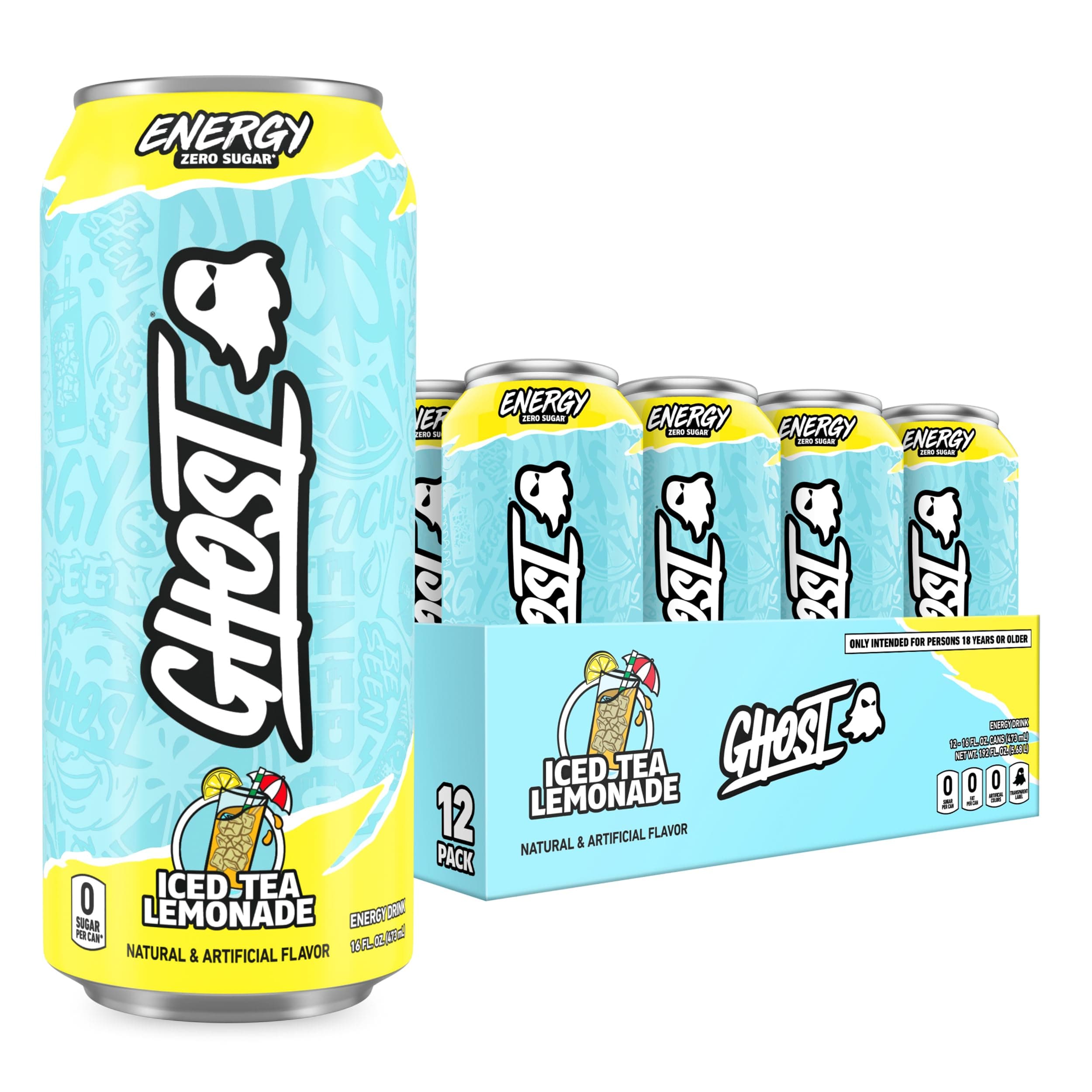 GHOST Energy Drink - 12-Pack, Iced Tea Lemonade, 16oz - Energy & Focus & No Artificial Colors - 200mg of Natural Caffeine, L-Carnitine & Taurine - Gluten-Free & Vegan