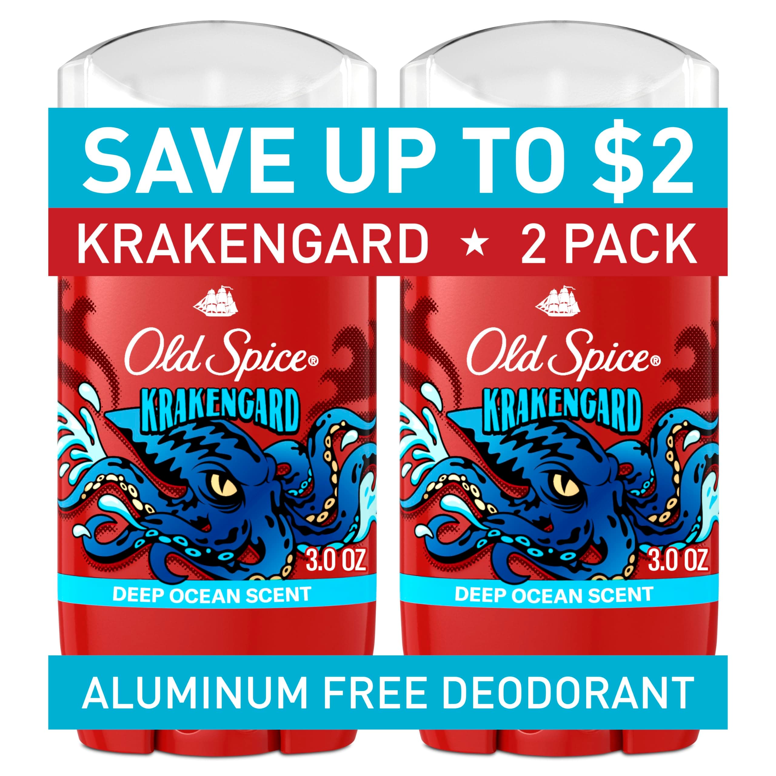 Old Spice Aluminum Free Deodorant for Men, 24/7 Odor Protection, 24/7 Freshness & Lasting Scent, Goes on Clear, Krakengard with Deep Ocean Scent, 3.0 oz (Pack of 2)