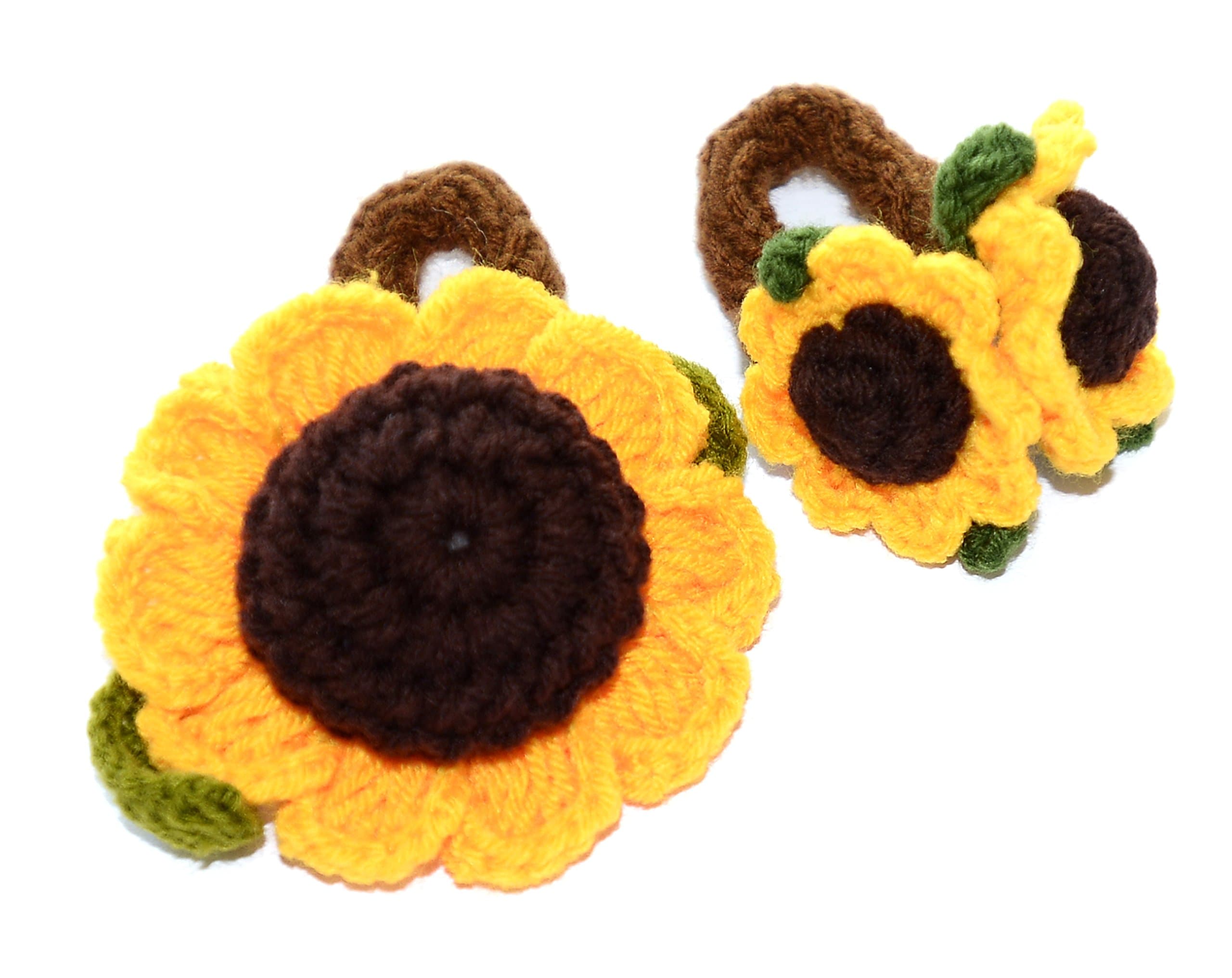 2 Sunflowers Cute And Colourful Design Scrunchie Hair Ties ((All Handmade And Unique 100% Cotton Crochet Hair Scrunchies)
