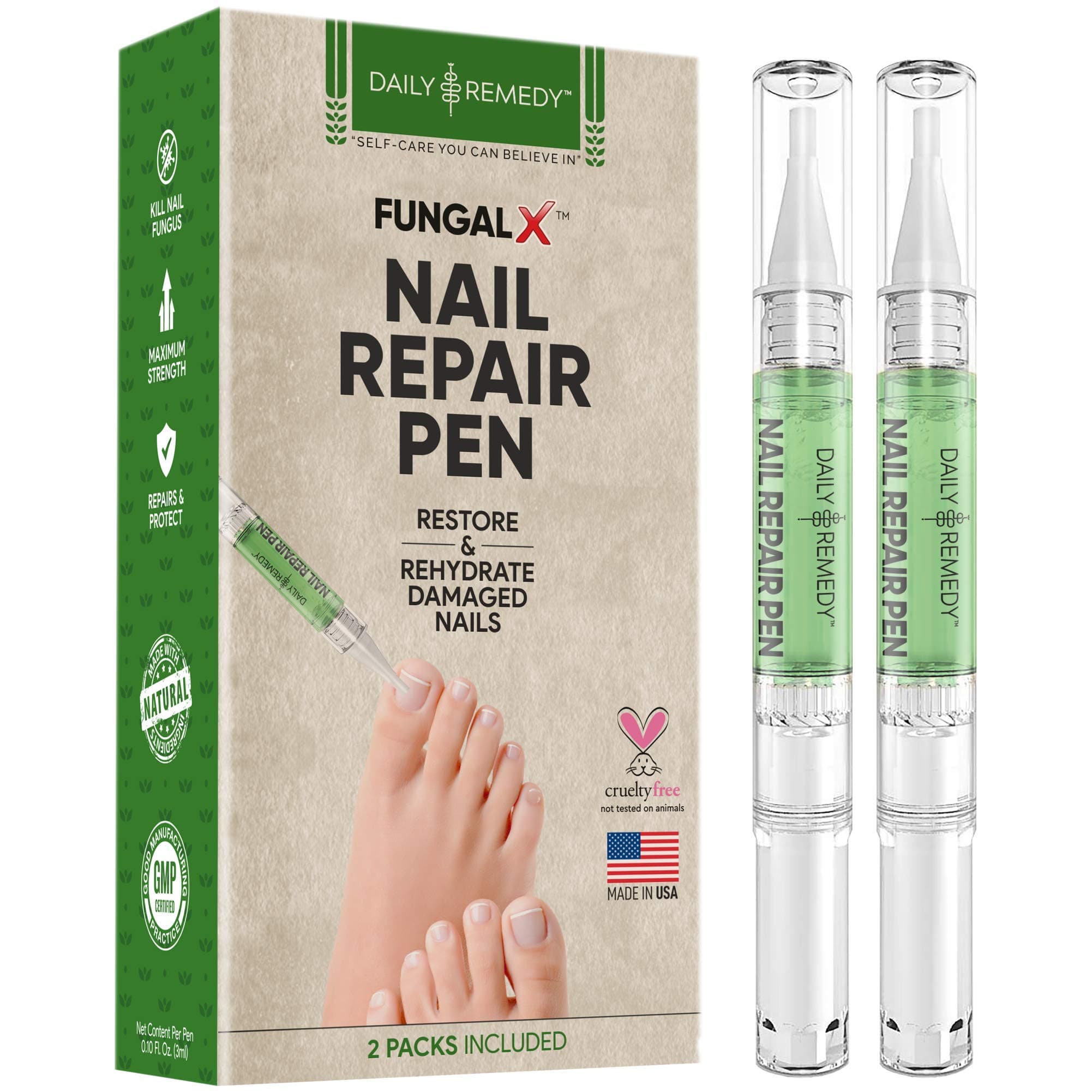 DAILY REMEDY Nail Repair Pen Set – 2-Pen Fingernail & Toenail Health Care Bundle – Natural Essential Oil Nail Fungus Treatment – Repairs Nail Damage, Renews Broken, Cracked & Discolored Nails