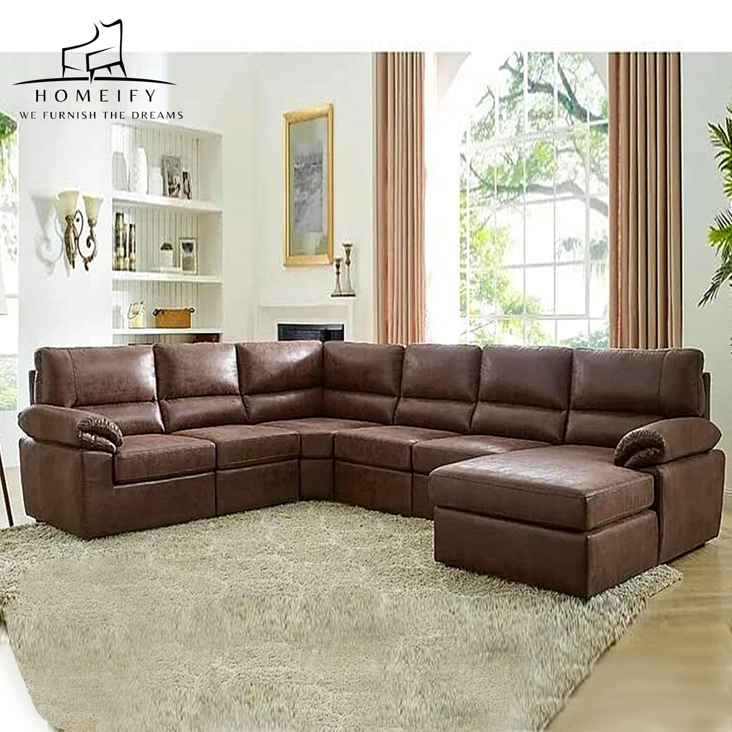 Homeify Eleanor Wooden 8 Seater Letherette U Shape Sofa for Living Room Set (Letherette,Brown)