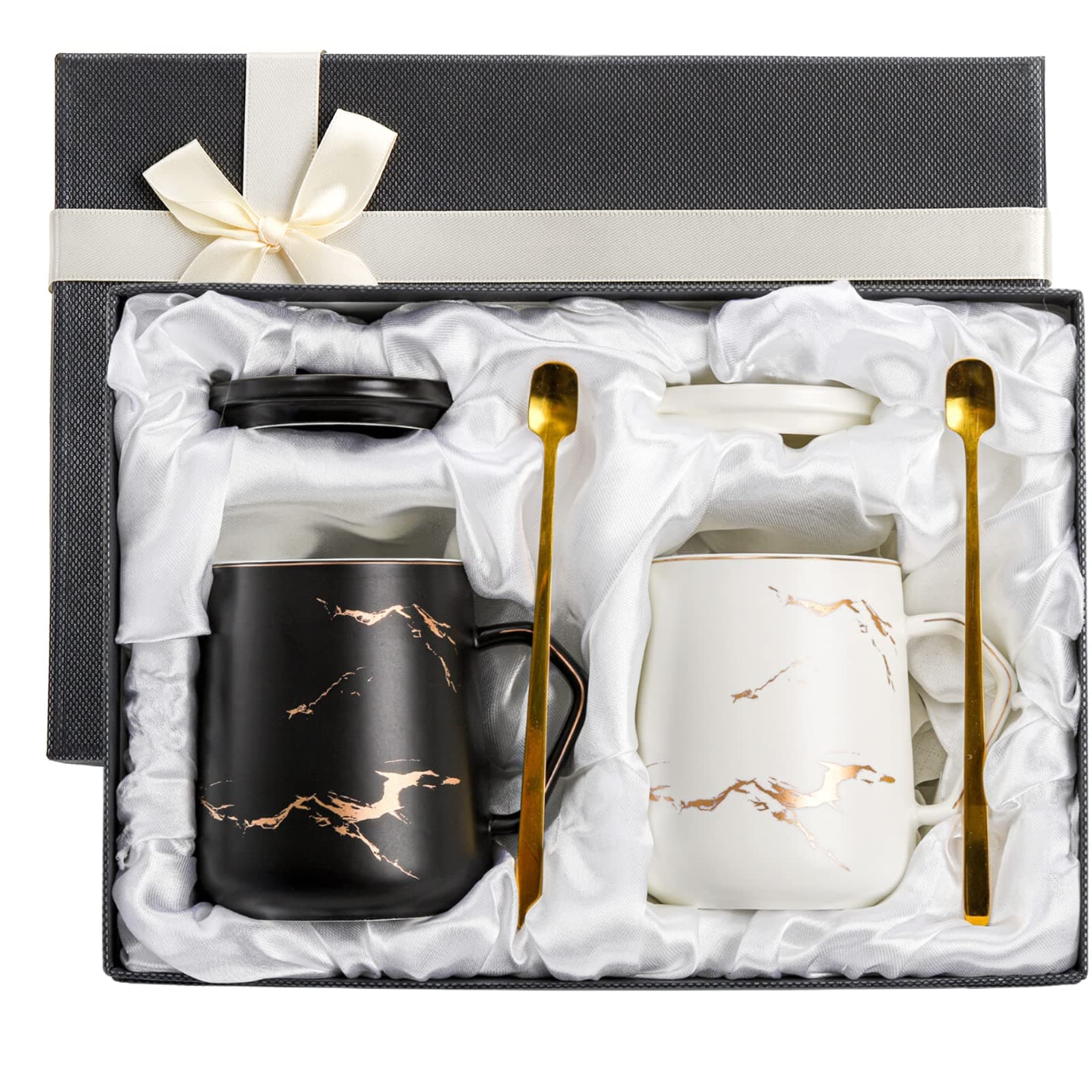 ZENFUN 2 Pack Ceramic Coffee Mugs with Gift Box, 14Oz/400ml Porcelain Mugs Set with Lid and Gold Spoon, Luxury Marbling Black and White Couple Mugs Gift for Men Women, Tea, Milk, Office and Home
