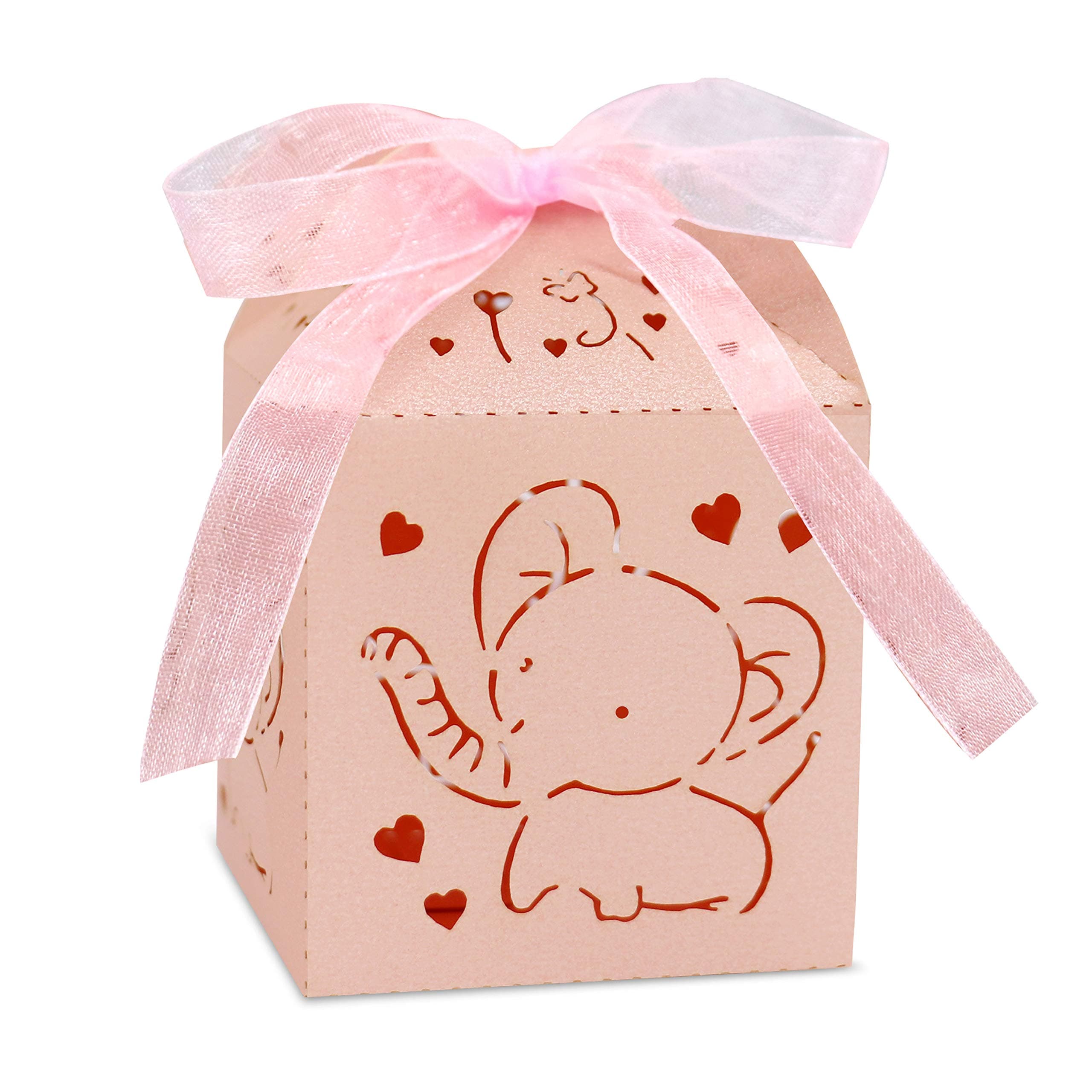 Kslong Pink Elephant Baby Shower Favor Boxes, 50Pcs Small Chocolate Candy Gift Boxes for Baby Girls, Cute Laser Cut Box with Ribbon for Birthday Wedding Party Cajitas para Dulces