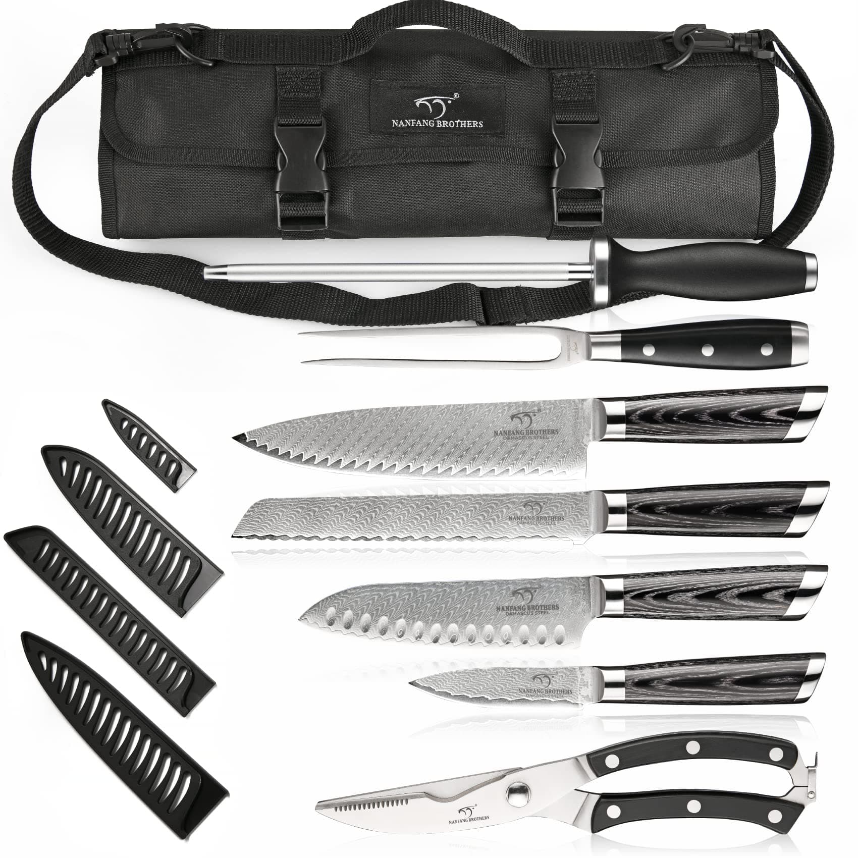 Chef Knife Set with Roll Bag, 8 Pieces Damascus Knife Set with VG10 Core Blades, 67-Layer Damascus Steel with Portable Oxford Cloth Storage Bag, Blade Guards, Camping Essentials