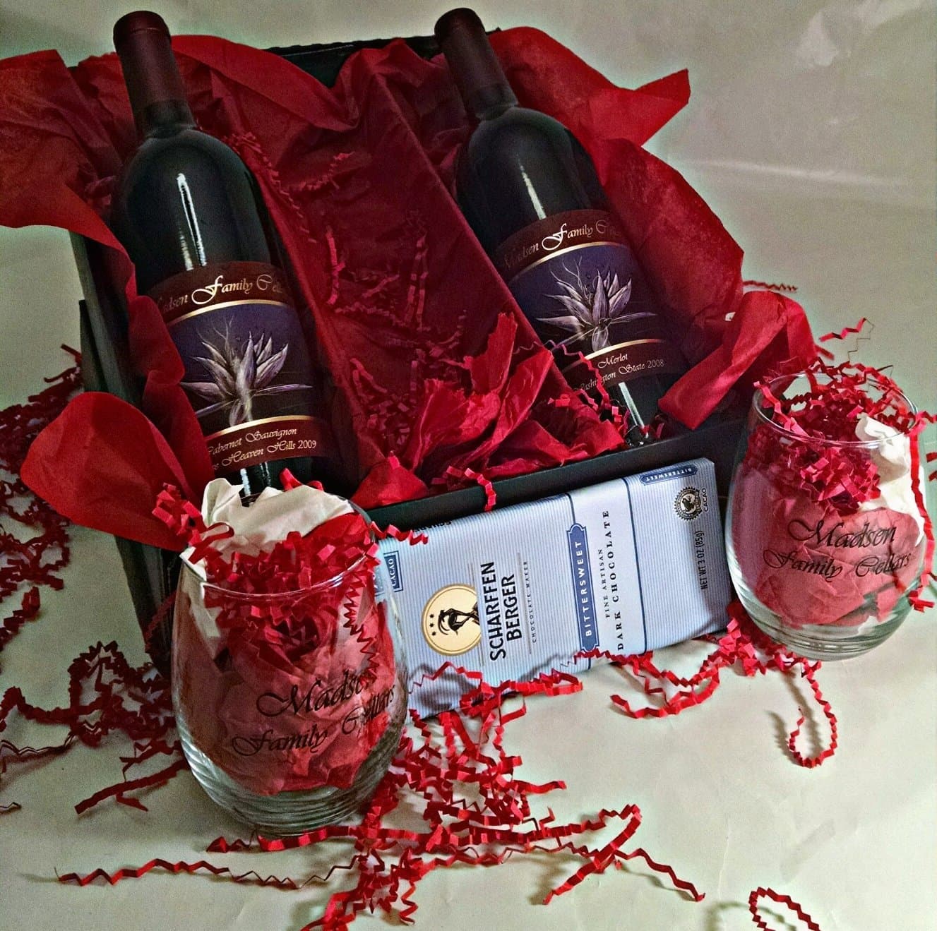 Madsen Family Cellars Bordeaux Style Gift Set with Scharffen Berger Chocolate & 2 Wine Glasses, 2 x 750 mL