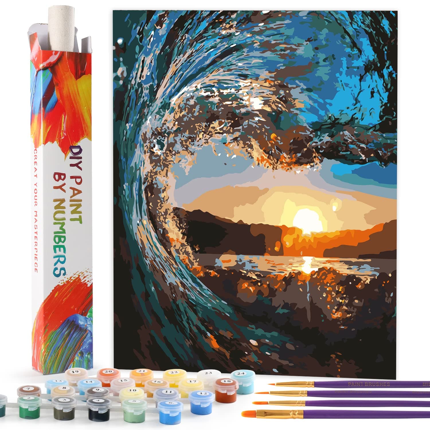 BOSHUN Paint by Numbers Kits with Brushes and Acrylic Pigment DIY Canvas Painting for Adults Beginner- Sunset Seascape 16 x 20 inch(Without Frame)