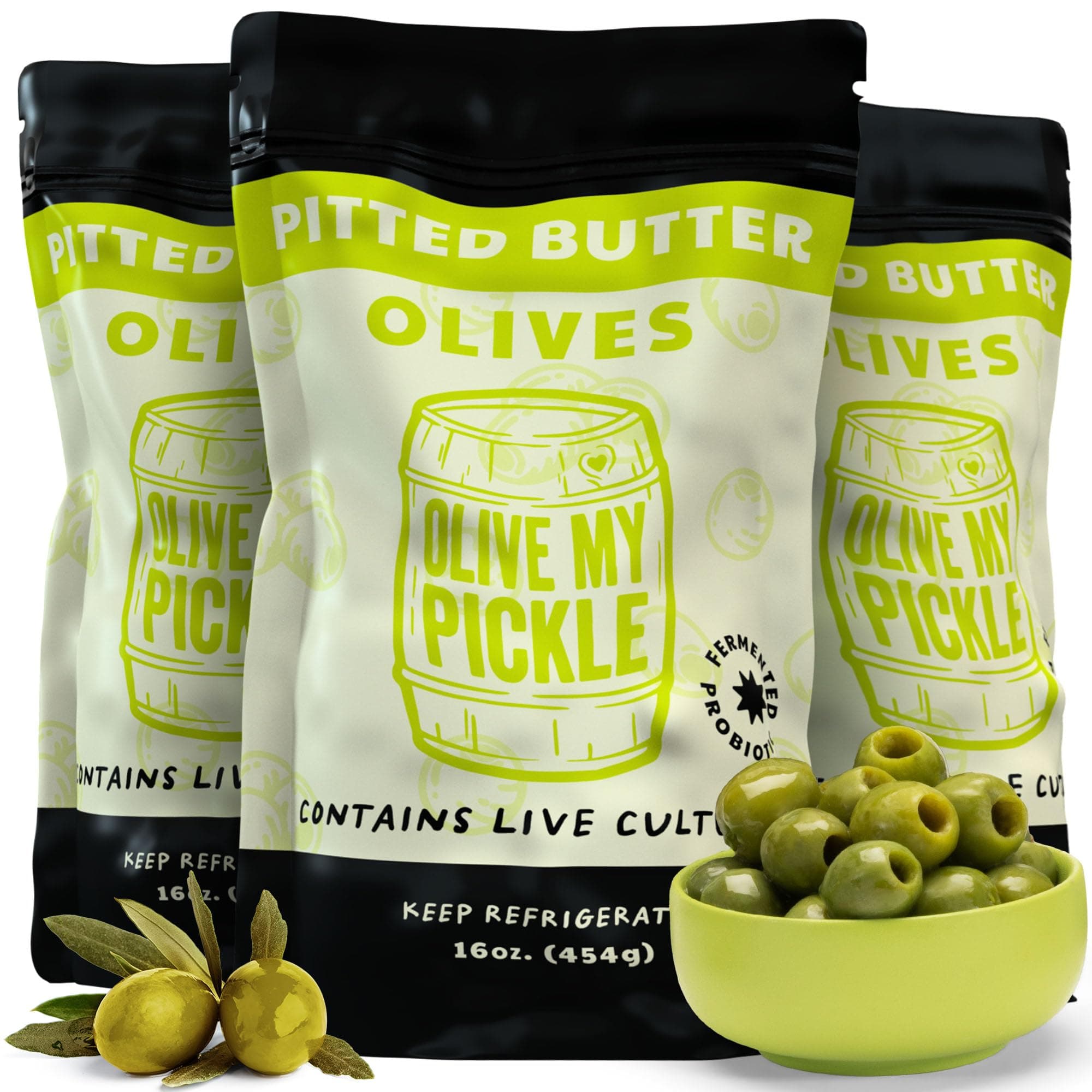 - Olive My Pickle Green Olives Pitted Butter 48 oz | 3 Pack Bundle of Healthy Live Culture Castelvetrano Olives Pitted for Gut Health | Perfect Olive Snack Packs for Paleo Diets & More - 16oz per bag