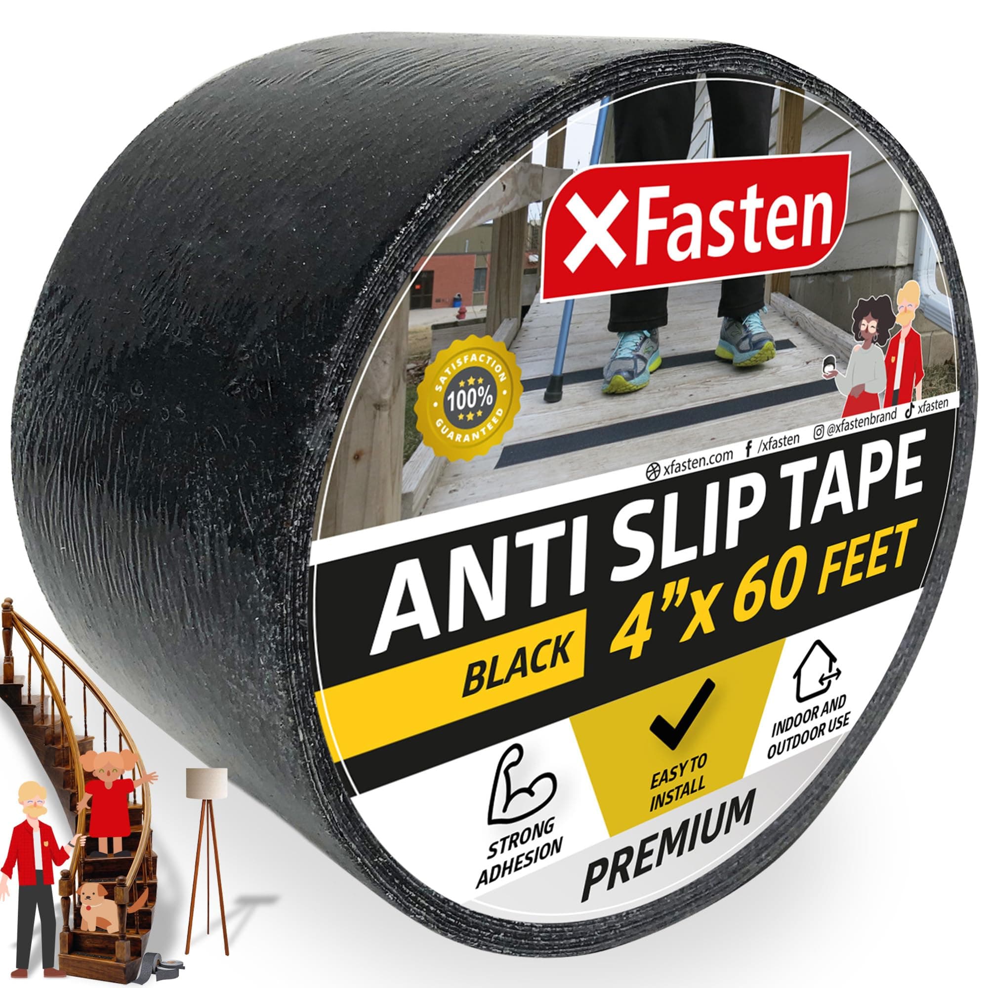 XFasten Anti Slip Grip Tape for Stairs, Black 4-Inches x 60-Foot Stair Grips Non Slip, Anti Skid Tape for Steps Outdoor Waterproof, Stair Tread Tape