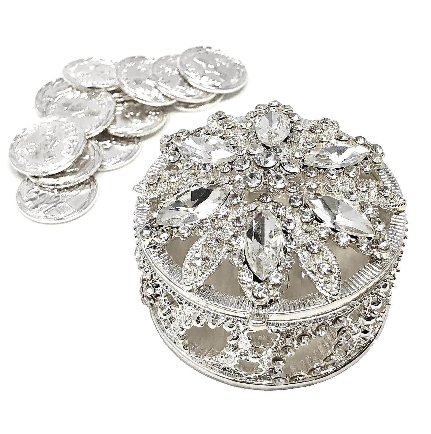 CB Accessories Wedding Unity Coins - Arras de Boda - Round Shaped Box with Decorative Rhinestone Crystals 17 (Silver)