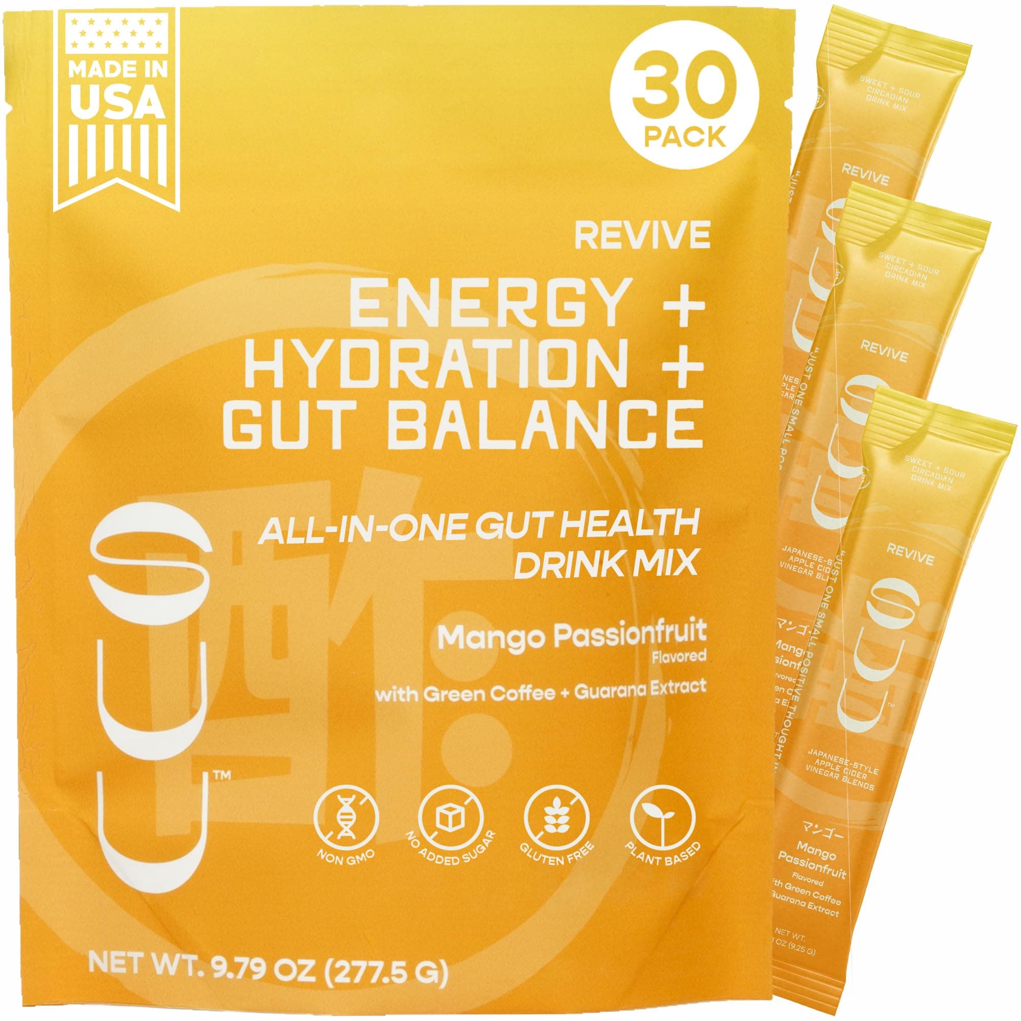 Revive Gut Health Drink Mix|Apple Cider Vinegar Prebiotics,Probiotics Gut Health for Women & Men|Green Coffee,Guarana|Supports Digestive Health, Energy & Hydration|Mango Passionfruit,30 Servings