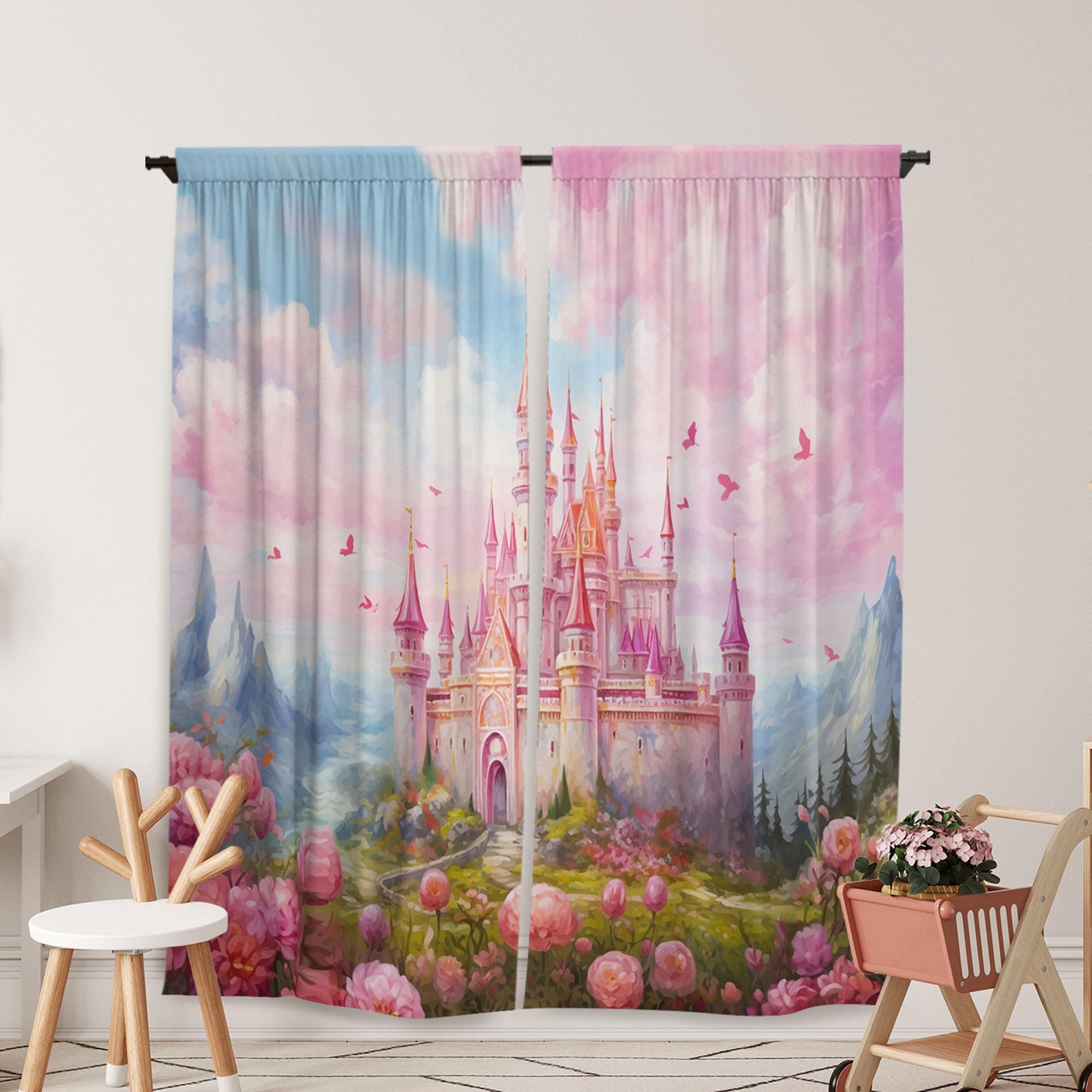 Princess Castle Window Curtains for Kids Girls Magic Pink Fantasy World Fairytale Landscape Baby Living Room Bedroom Nursery Toddler Home Rod Pocket Drapes Decor 84 in x 84 in