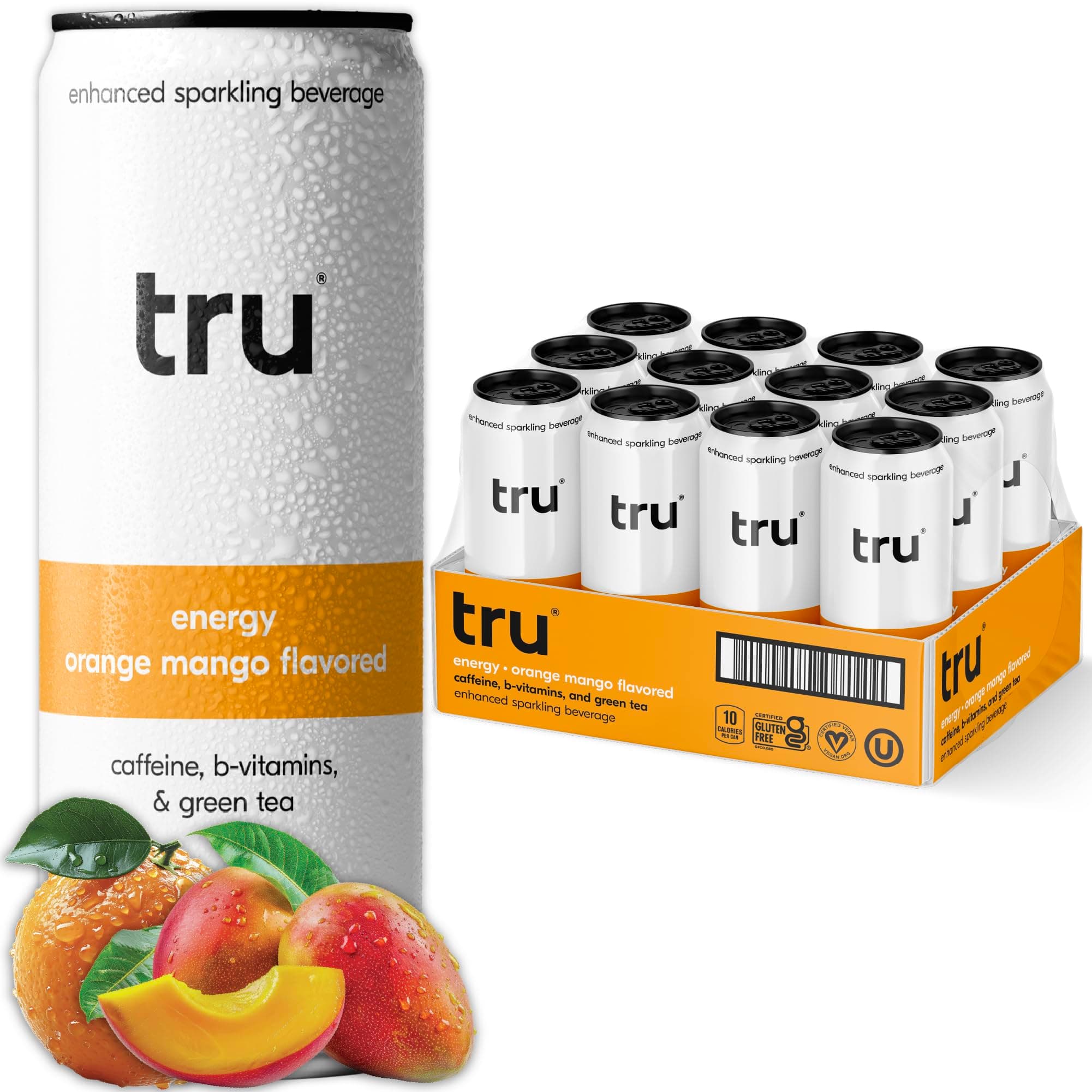 Tru Energy Seltzer, Clean Energy Drink with B-Vitamins, Mango Flavor, Sparkling Water, 100mg Natural Caffeine, Kosher, Gluten-Free, Vegan, Low-Calorie, No Sugar Added, 12oz (Pack of 12)