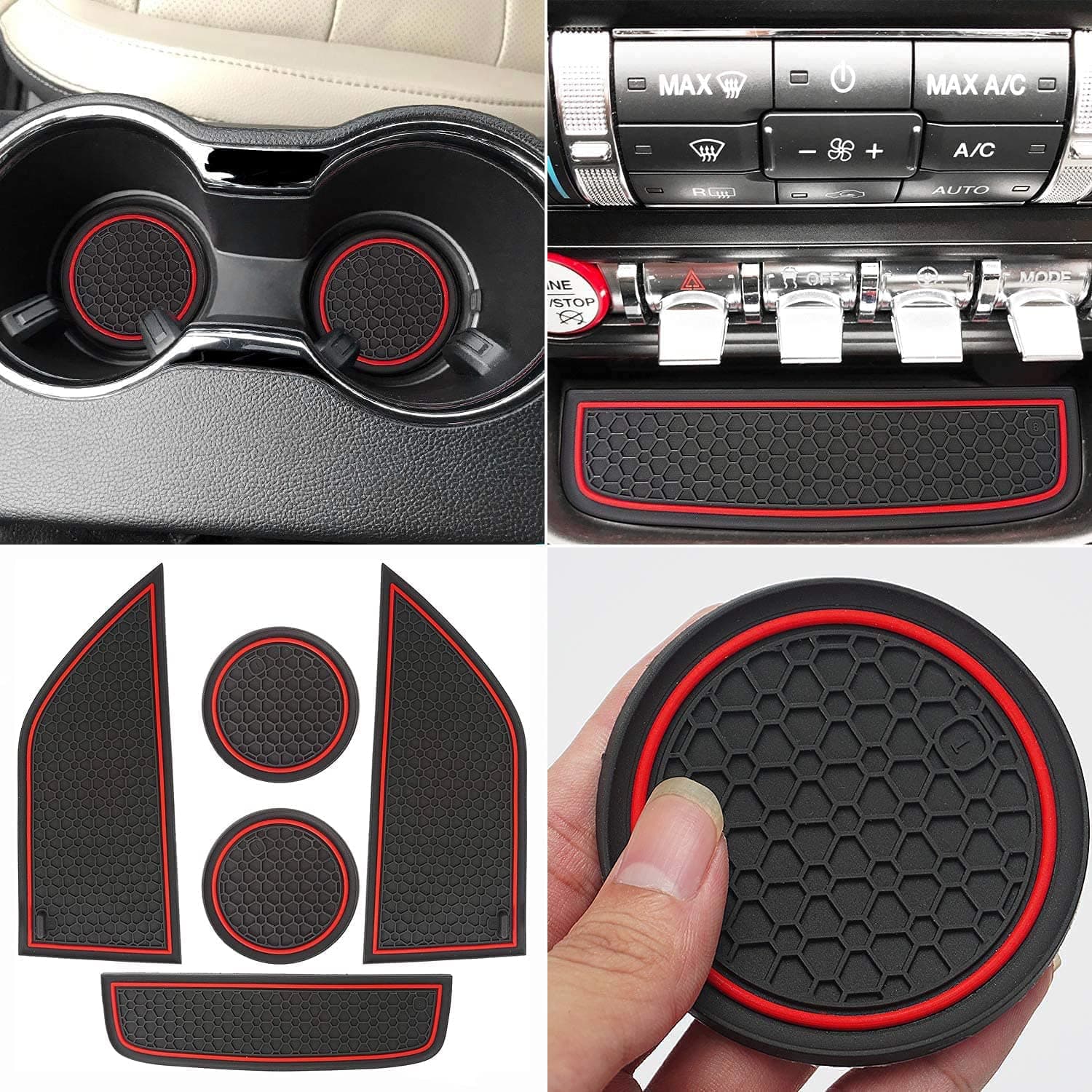 Auprite Non-Slip Mats for Mustang Accessories 2015-2023, Custom Fits Cup Holder Liners Mats Door Pocket Center Console Liners,5Pcs (Red)