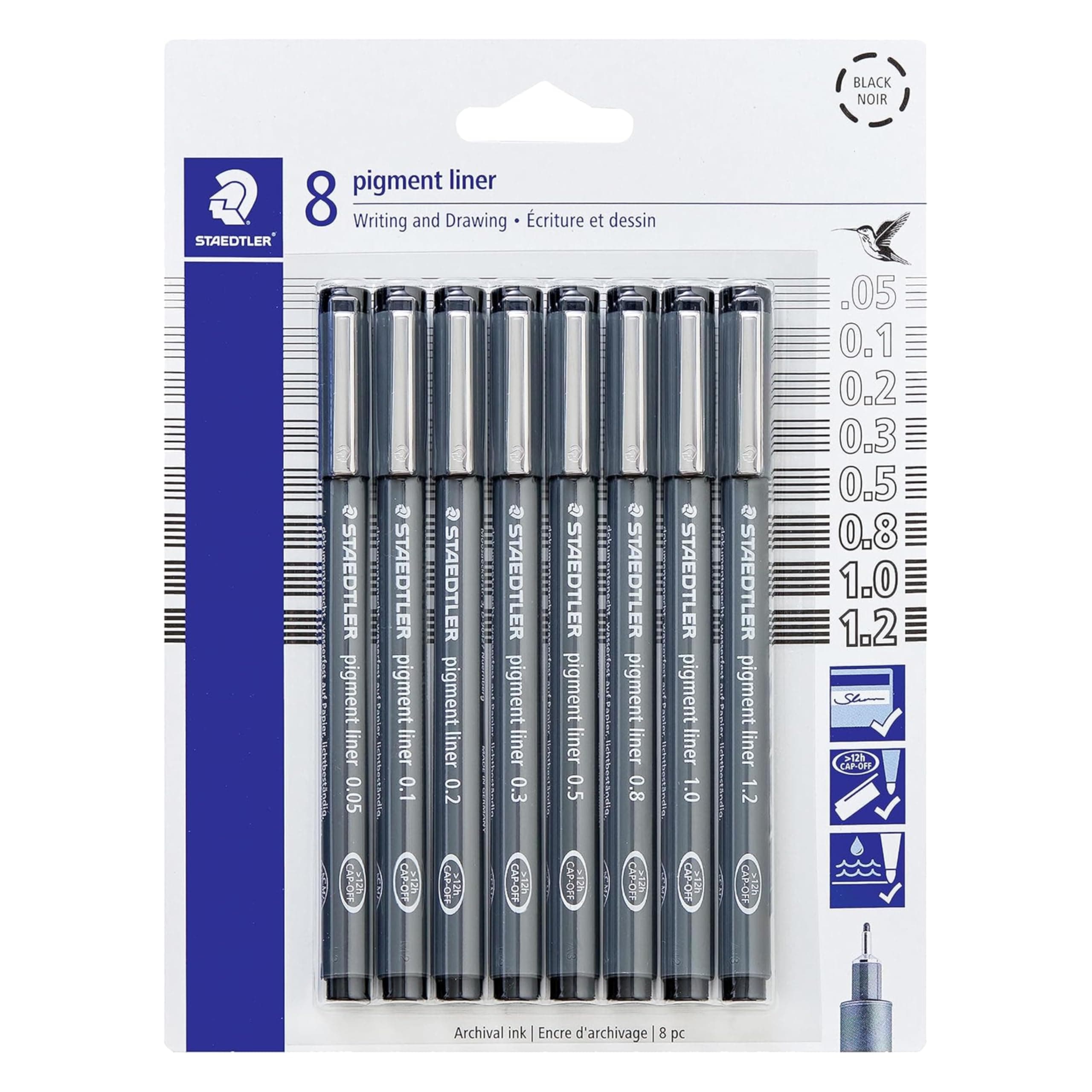 STAEDTLER Pigment Liner Pack, Black, 8 Pens, Assorted Line Widths, 0.05mm, 0.1mm, 0.2mm, 0.3mm, 0.5mm, 0.8mm, 1.0mm, 1.2mm