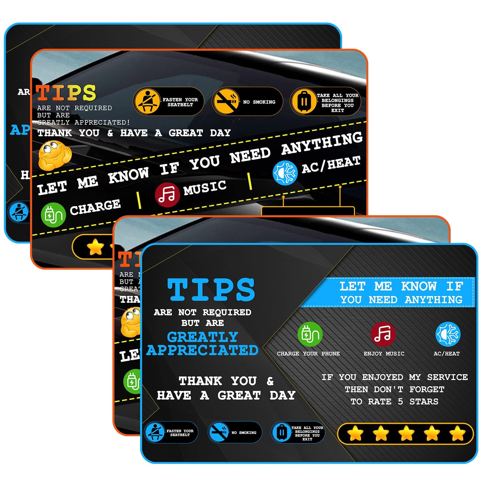Aolamegs Rideshare Accessories Rating 5 StarsTippingTips Sign Perfect Accessory for Taxi Rating Appreciation Signs 9 * 6'' (4 Pack)