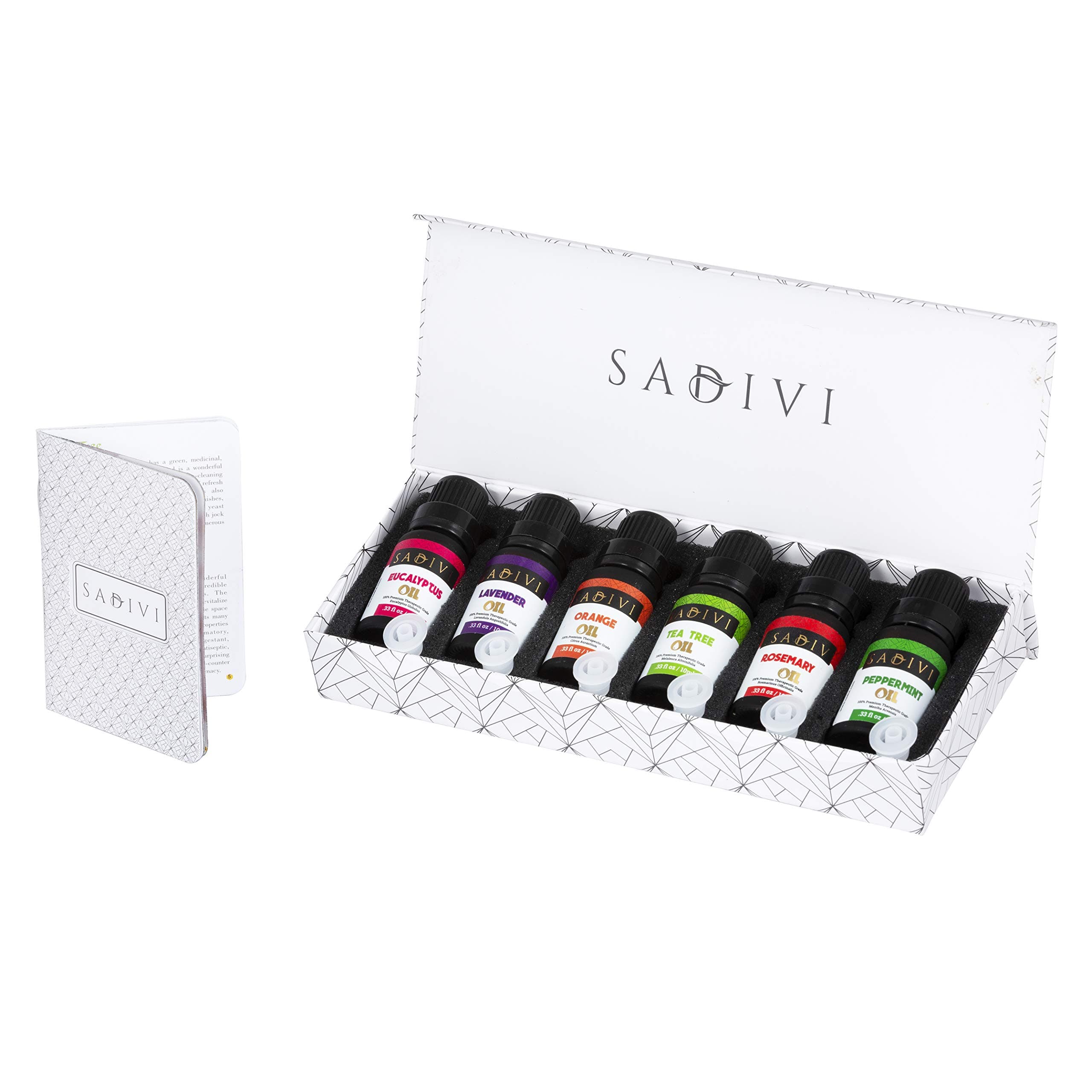 Sadivi Aromatherapy Top 6 Essential Oils - 100% Pure Therapeutic Grade Essential Oil Sampler Gift Set (Tea Tree, Lavender, Eucalyptus, Orange, Rosemary, Peppermint) - 10ml each
