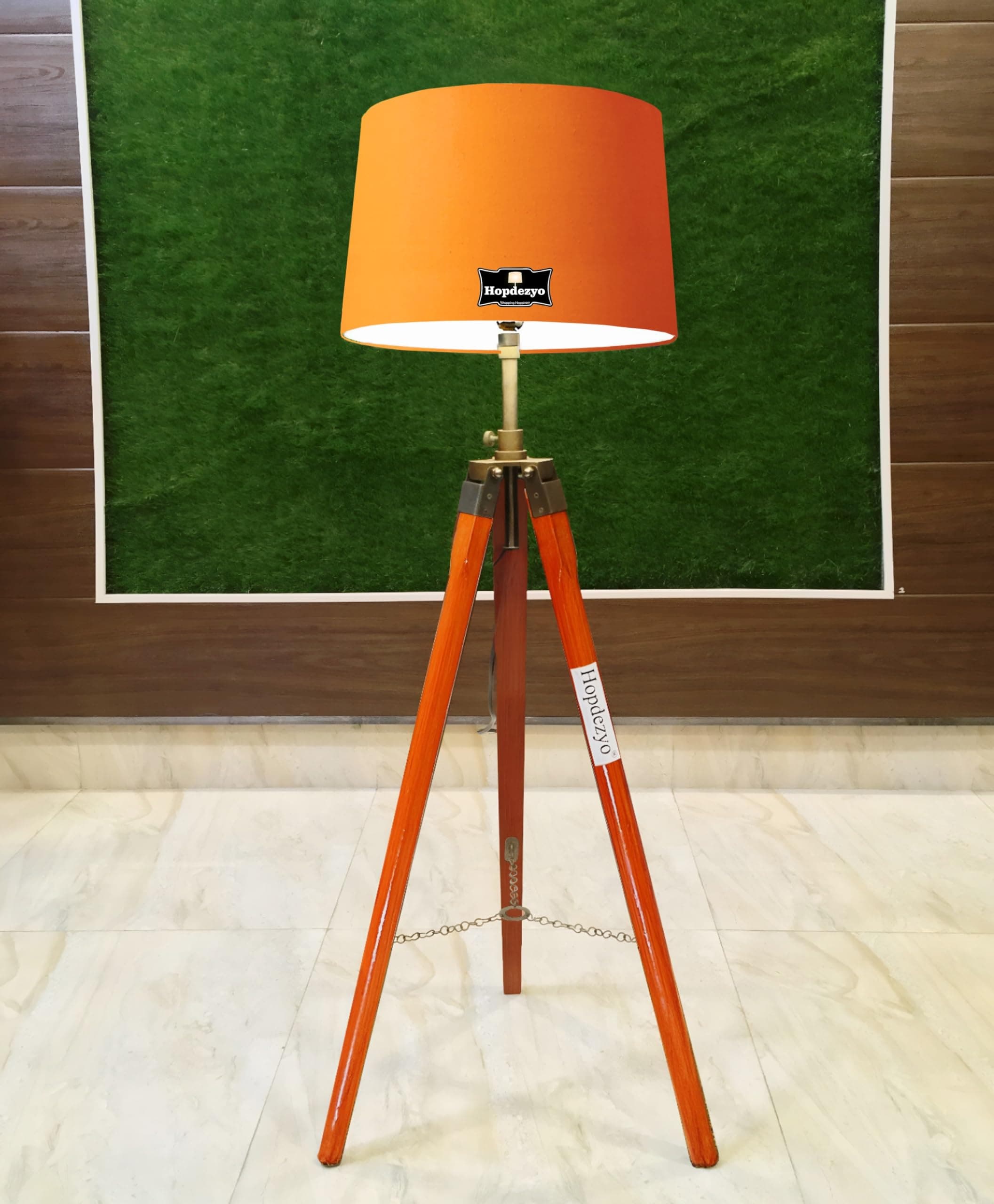 Antique Nautical Wooden Tripod Adjustable Floor Lamp for Living Room, Home Decoration, Pack of Lamp in Drum Orange Shade