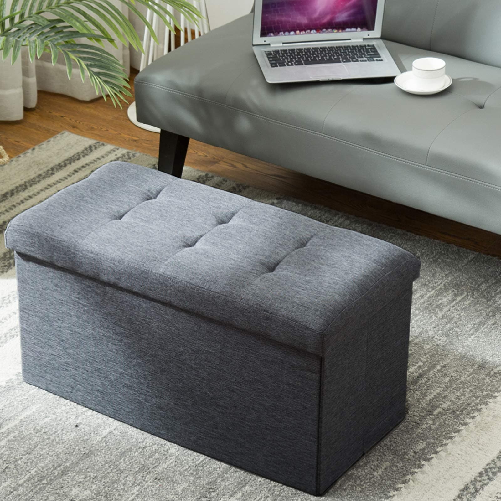 EXQUI Folding Storage Ottoman Bench Extra Padded Foldable Storage Box Linen Toy Storage Chest with Removable Lid for Living Room, Bedroom, Dark Grey, 76x38x38cm, BML76-QH