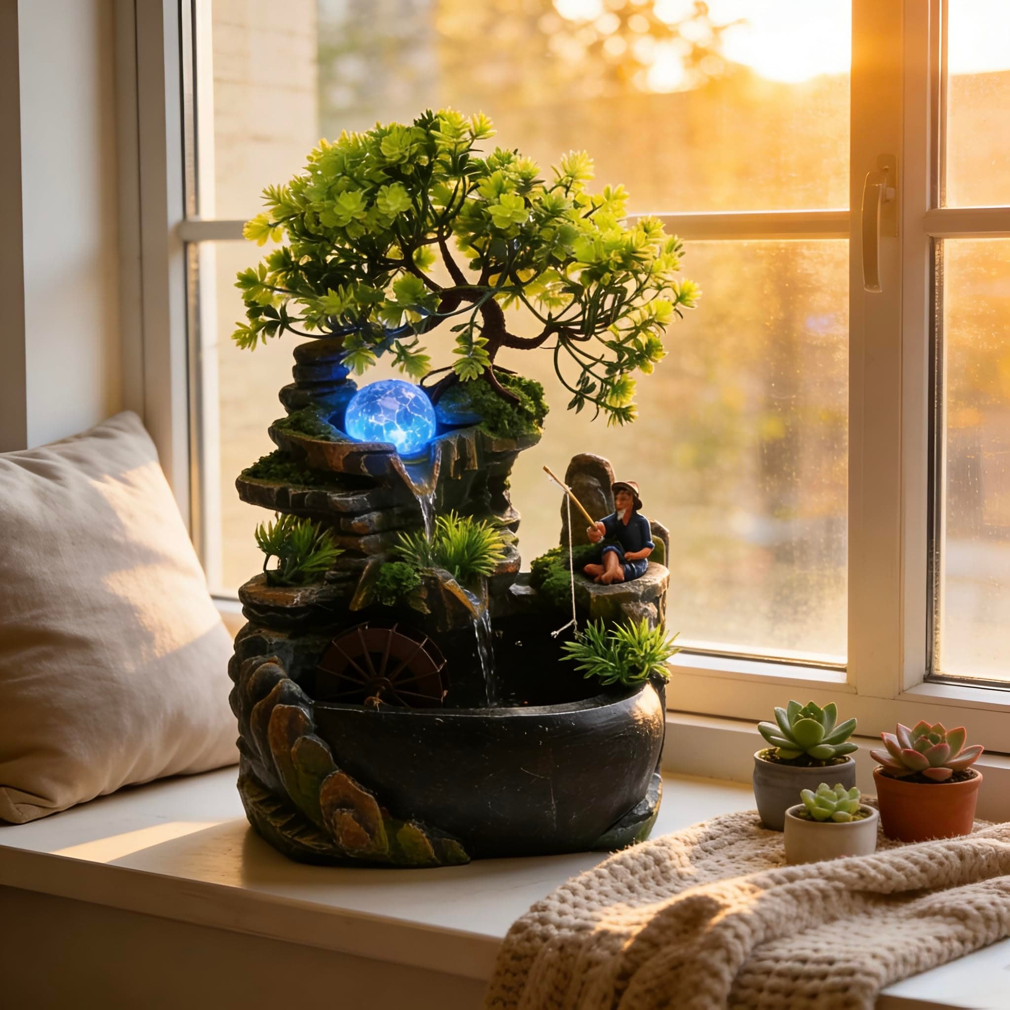 11.81in Tabletop Waterfall Bonsai Desktop Rockery Fountain Indoor Mini Rockery Water Fountain with Automatic Pump and LED Light, Home Office Bedroom Humidifier Desk Decorater(No Atomizer)