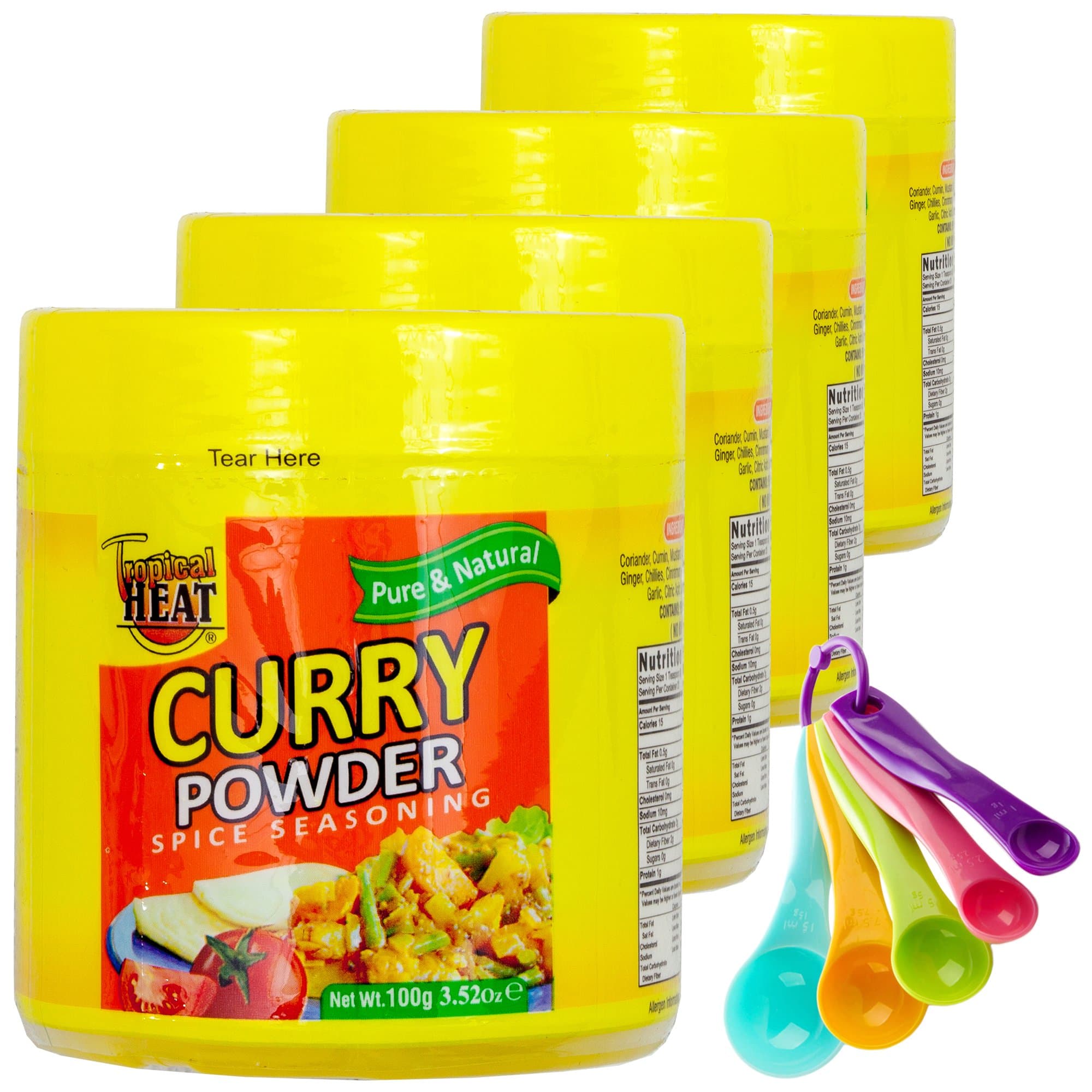 Curry Power Spices Seasoning Gourmet Collection Gift Set | All Pure & Natural Cooking Flavors. No MSG Added | 4 Vegetable Curry Mix Bottles & Free Measuring Spoons Set | Tropical Heat (Curry)