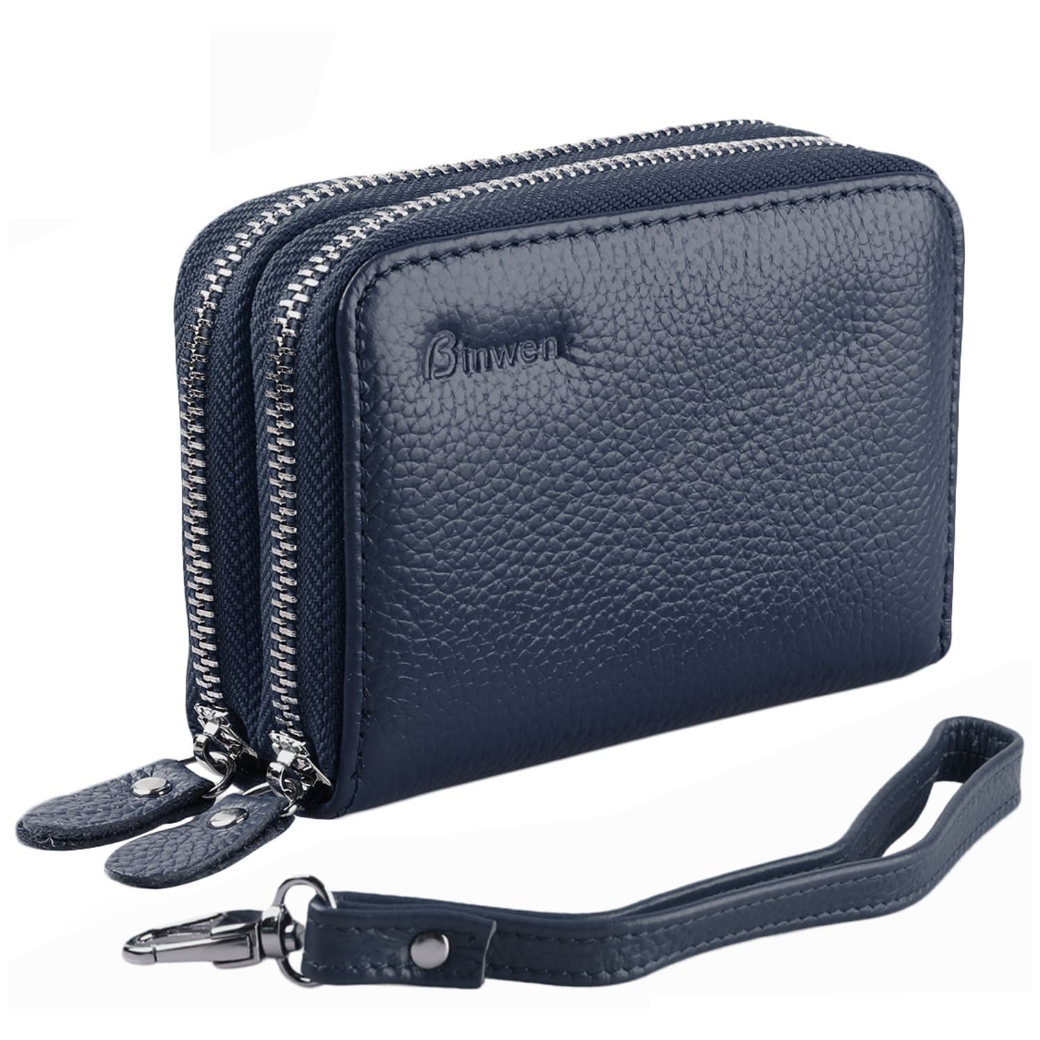 Card wallet RFID blocking genuine leather coin purse with detachable wrist strap double metal zipper blue