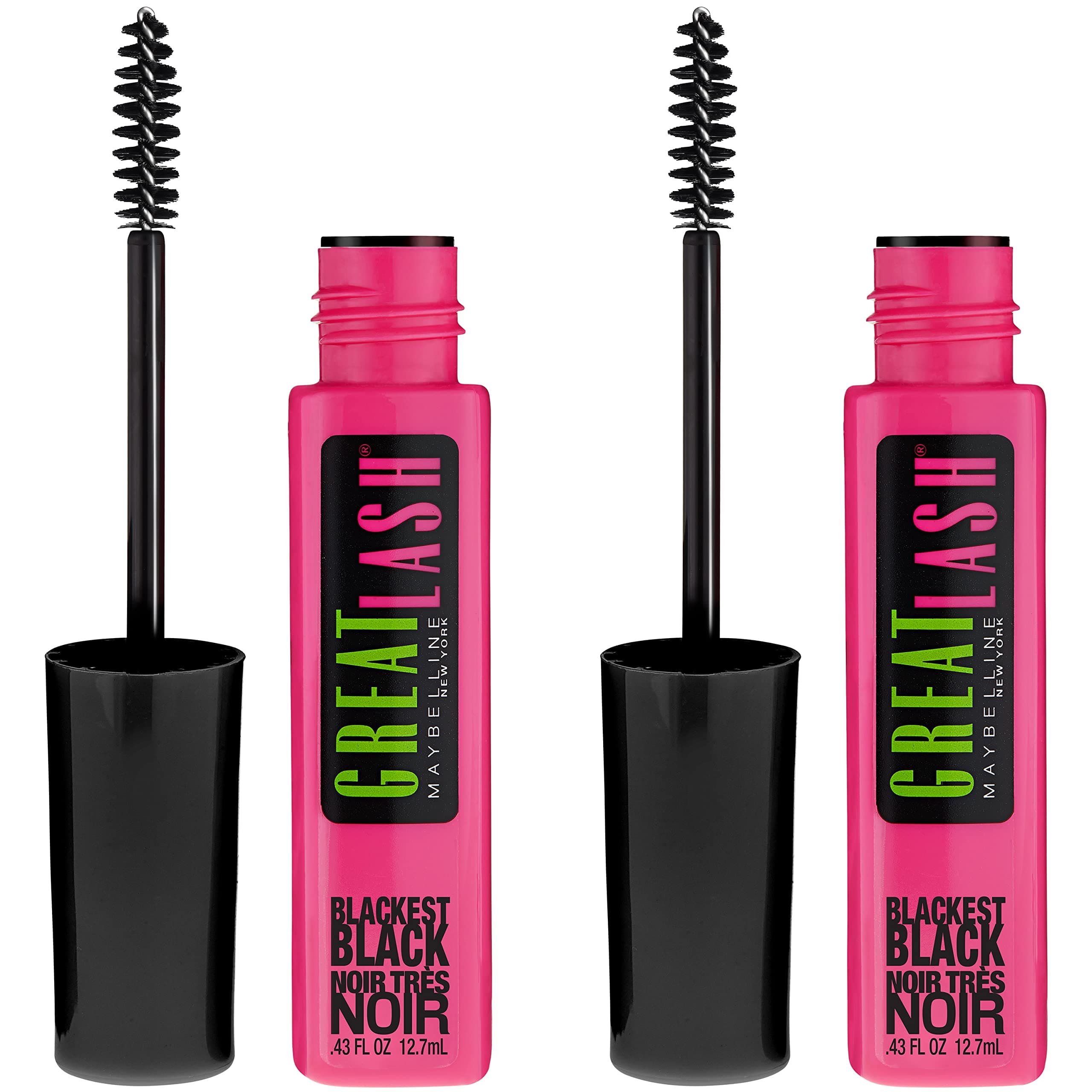 Great Lash Washable Mascara Makeup, Volumizing Lash-Doubling Formula That Conditions As It Thickens, Blackest Black, 2 Count