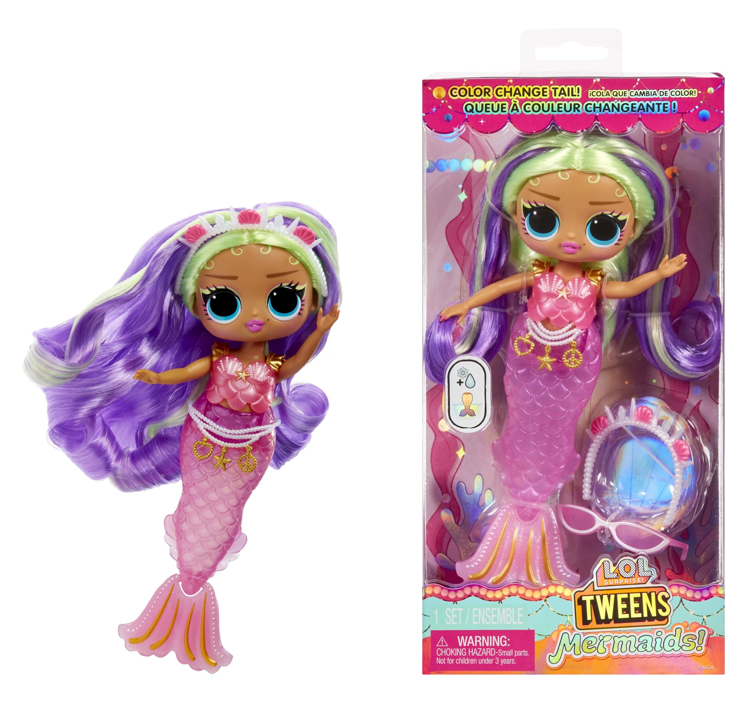 LOL Surprise Tweens Mermaid Doll Cleo Clove with Color Changing Tail, Tiara, Shades, Pink Fin, Moveable Waist, Detailed Outfit, Bath Play, Poseable Mermaid Toy Doll with Accessories