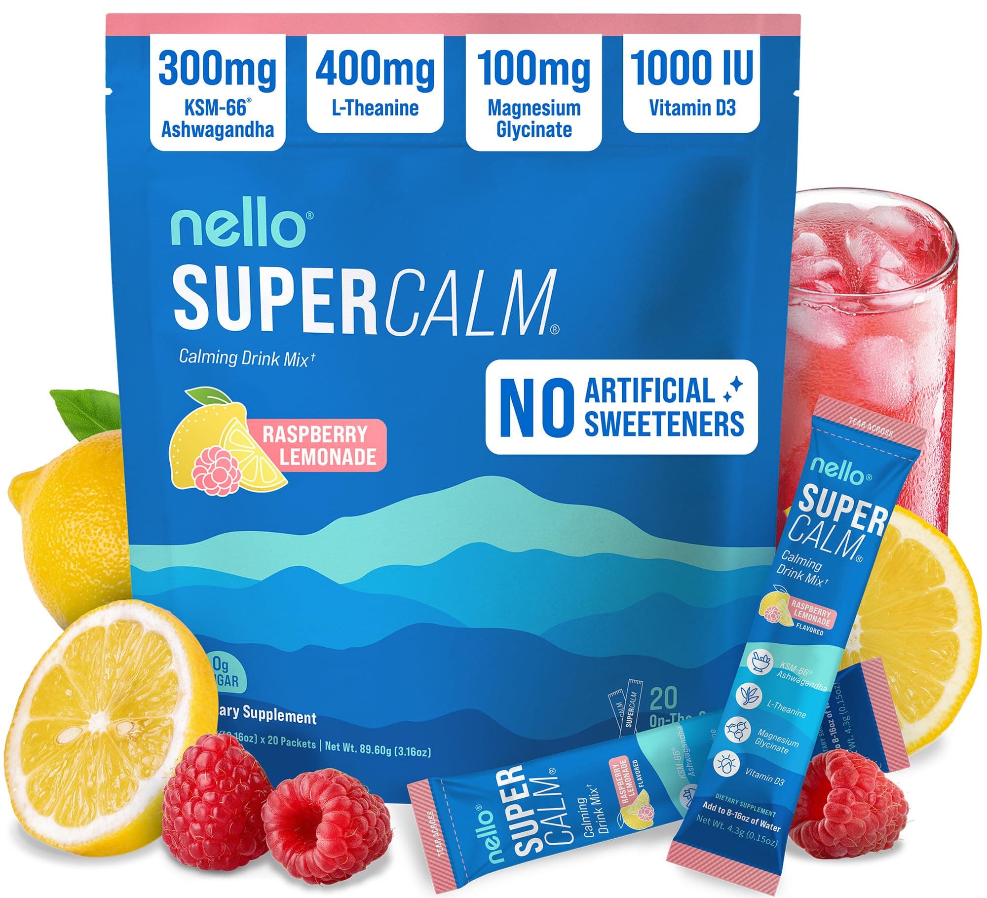 Supercalm Powdered Drink Mix, Cortisol Reducer and Sleep Aid Supplement, L Theanine, Ksm-66 Ashwagandha, Magnesium Glycinate, Vitamin D 3, No Sugar, Non GMO, On The Go, 20 Ct, Raspberry Lemonade