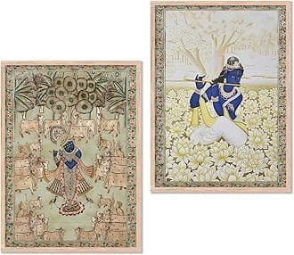 Madhubani Art Framed Painting for Home, Living Room, Hall, Shrinath Ji Krishna Art Traditional Paitnings with Frame for Home Decor (Set of 2)