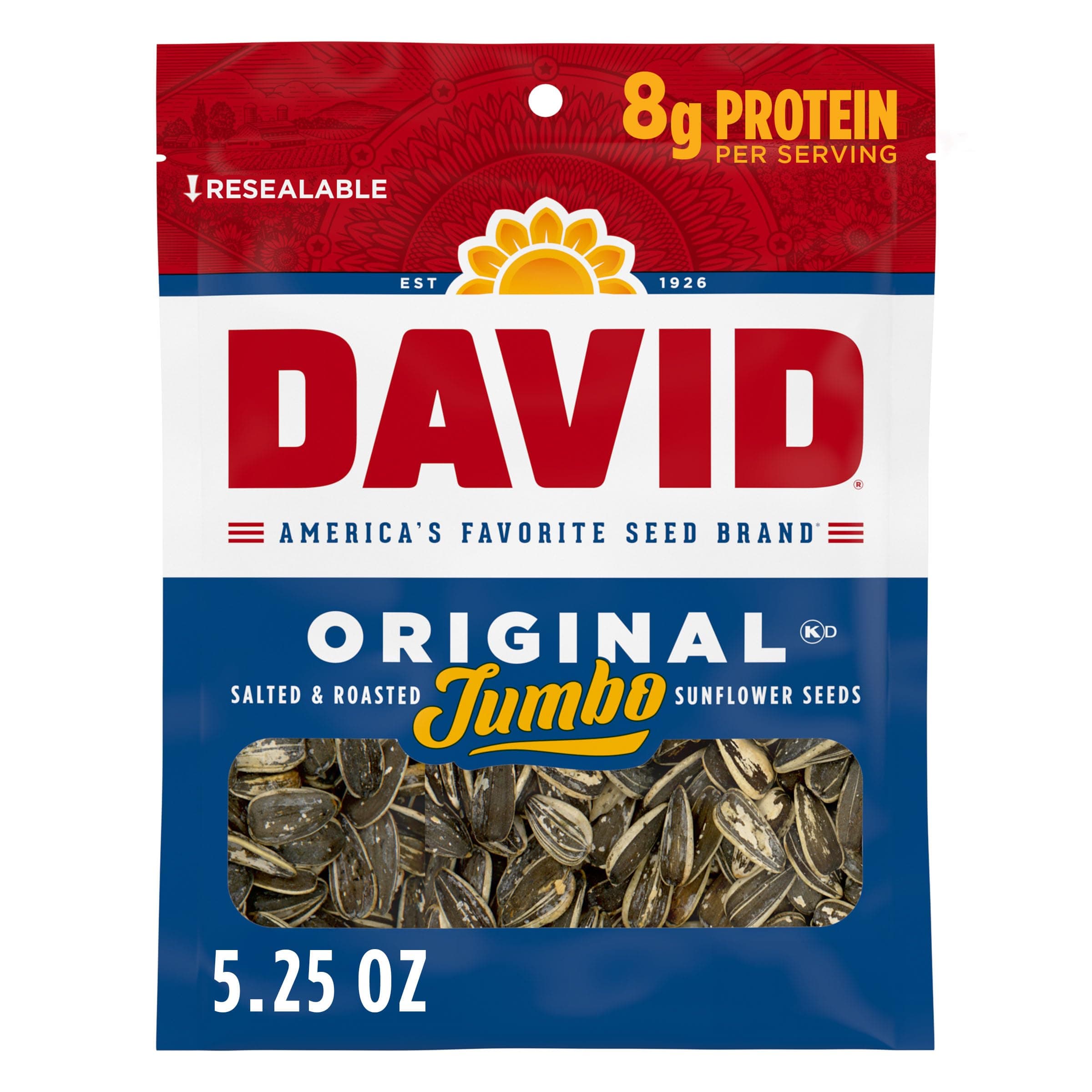 DAVID Roasted and Salted Jumbo Sunflower Seeds, Original Flavor, 5.25oz. (Pac...