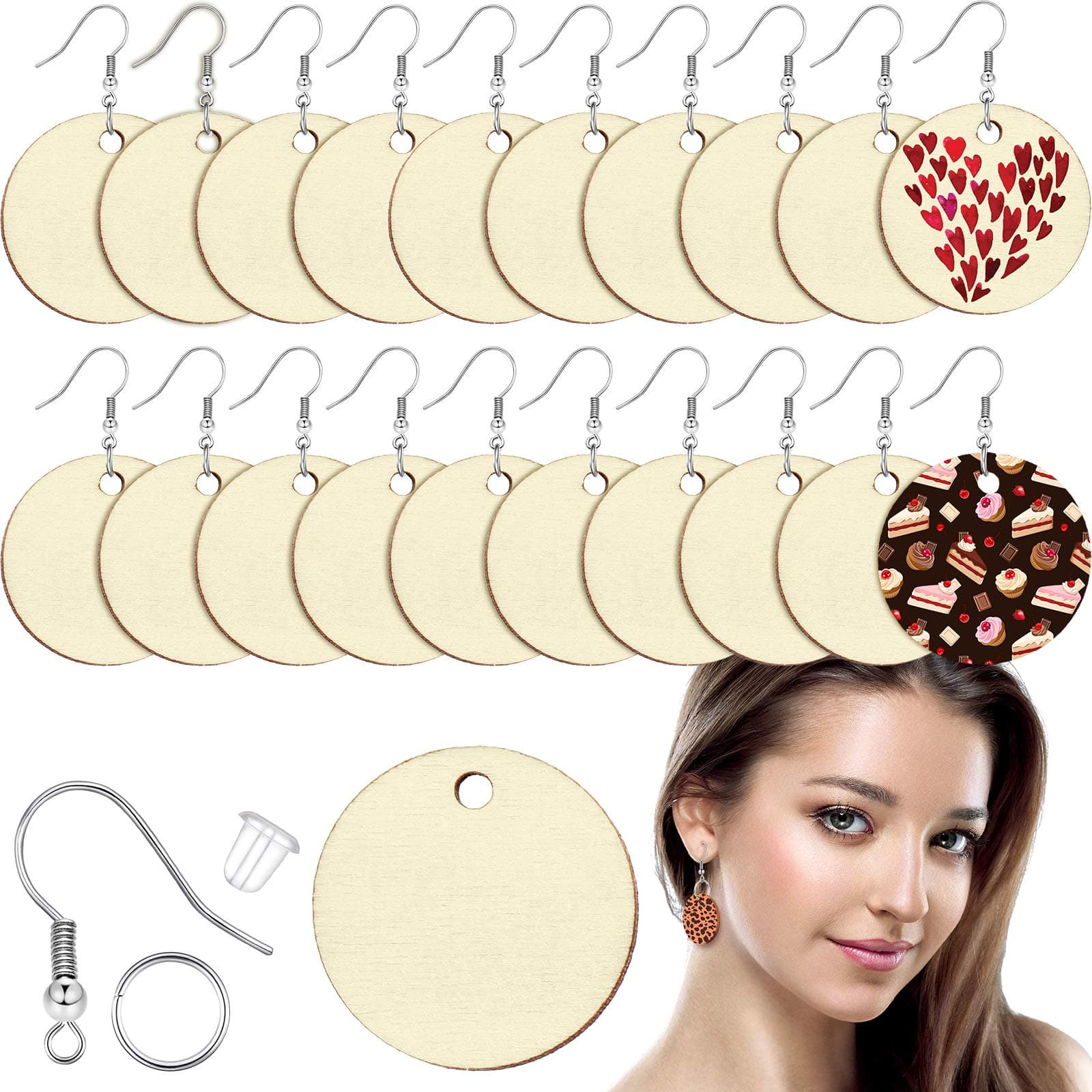 Hicarer 200 Pieces Unfinished Wooden Earrings Blank for Valentines Wood Pendants, Include 50 Hooks and 50 Jump Rings 50 Earrings Backs for Jewelry DIY Craft Making(1 Inch)
