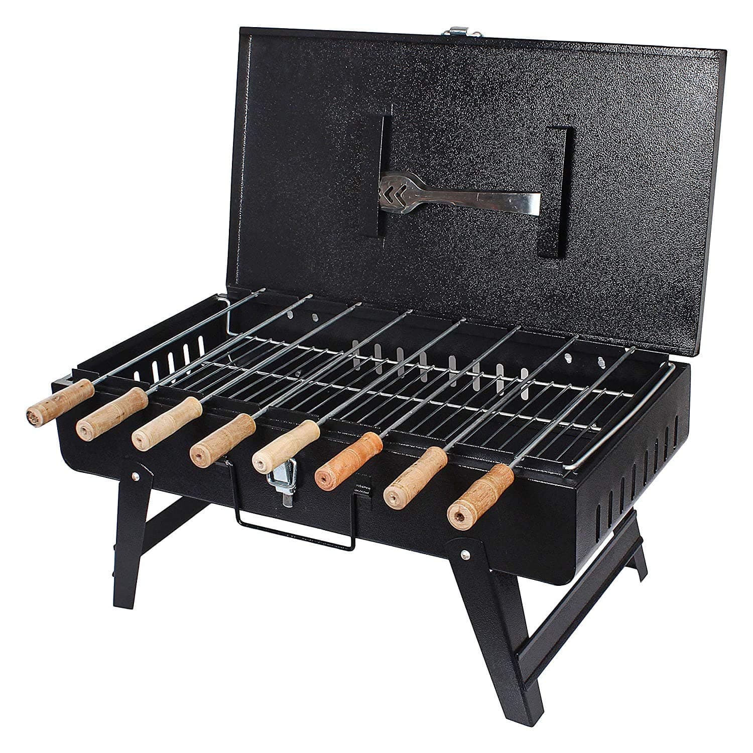 VOWEl™ New Folding Portable Outdoor Barbeque Charcoal BBQ Grill Oven with 10PC Stainless Steel Stick, Wooden Stick,(BBQ,Wooden & Big 10-Stick, BBQ air Blower)