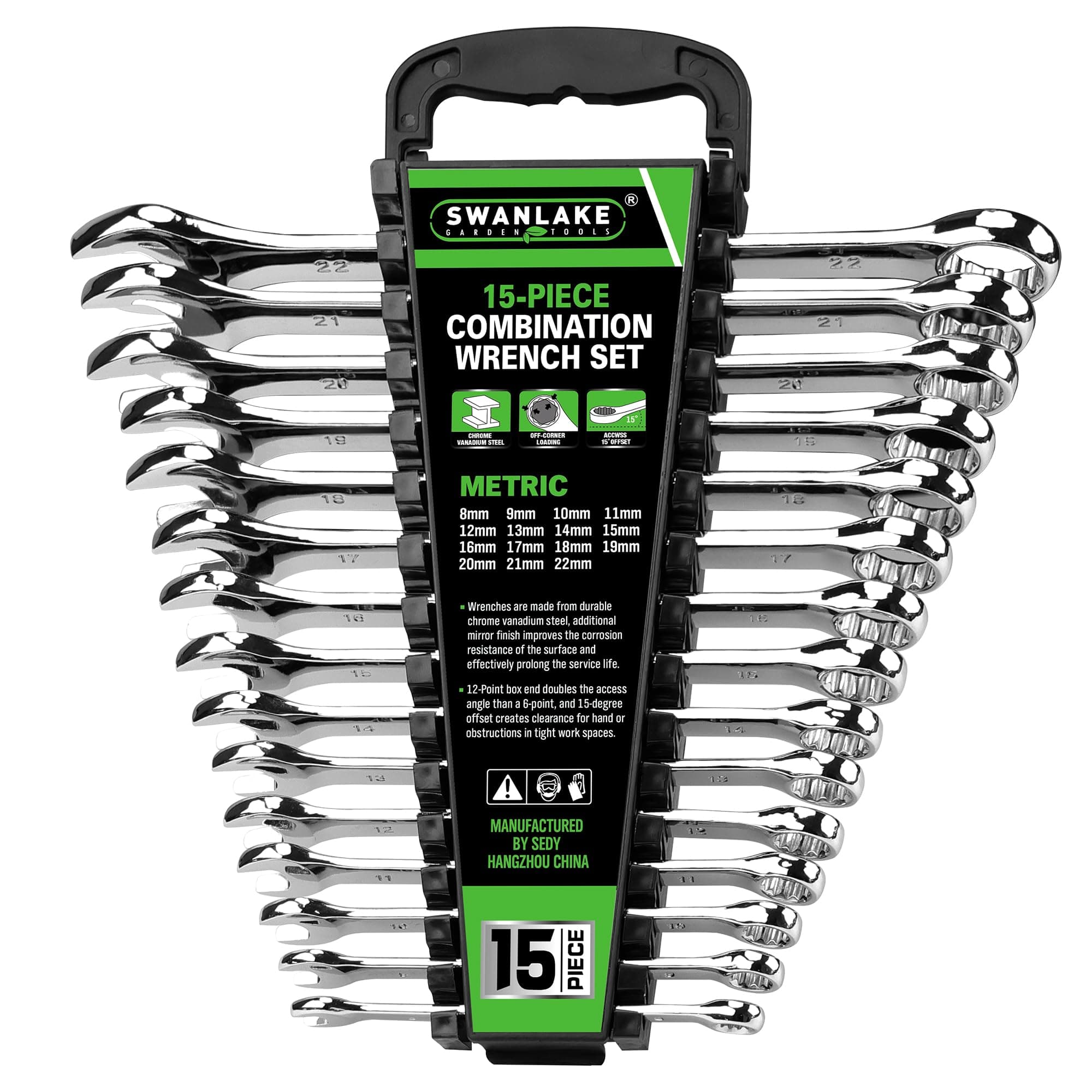 15-Piece Metric Combination Wrench Set, 12-Point Max Torque Open End Wrench Set, Cr-V Steel Wrenches 8, 9, 10, 11, 12, 13, 14, 15, 16, 17, 18, 19, 20, 21, 22mm with Storage Rack