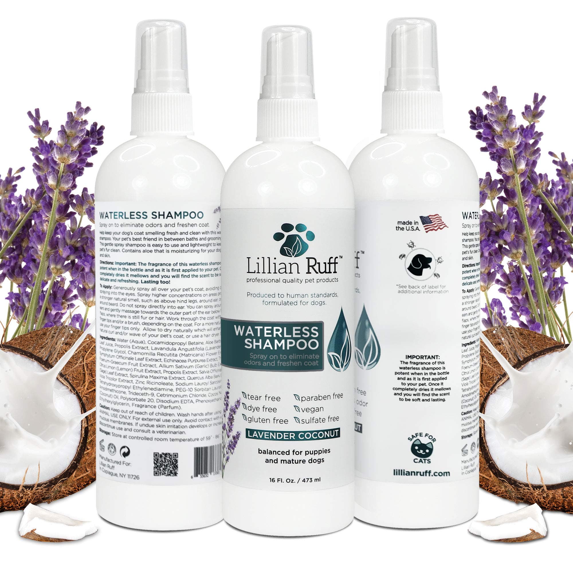 Lillian Ruff Waterless Dog Shampoo - No Rinse Quick Dry Shampoo Spray for Dogs and Cats - Tear Free Lavender Coconut Scent to Deodorize Pet Odor and Freshen Coat - Made in USA