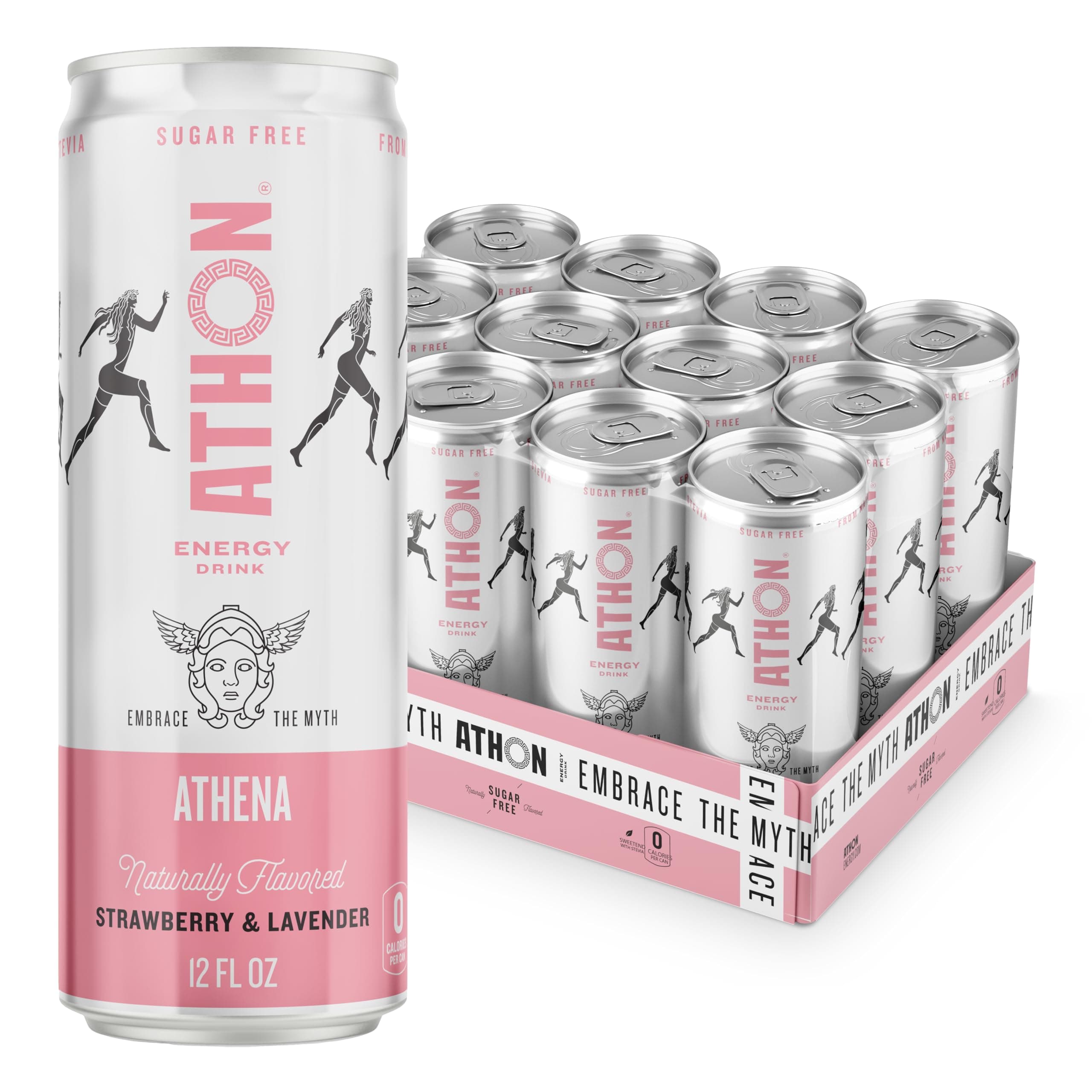 ATHON Natural Energy Drink: Athena Strawberry Lavender | Zero Calories | Naturally Sweetened | L-Theanine and B-Vitamins | 200mg Caffeine | 12 fl oz Cans (12 pack)