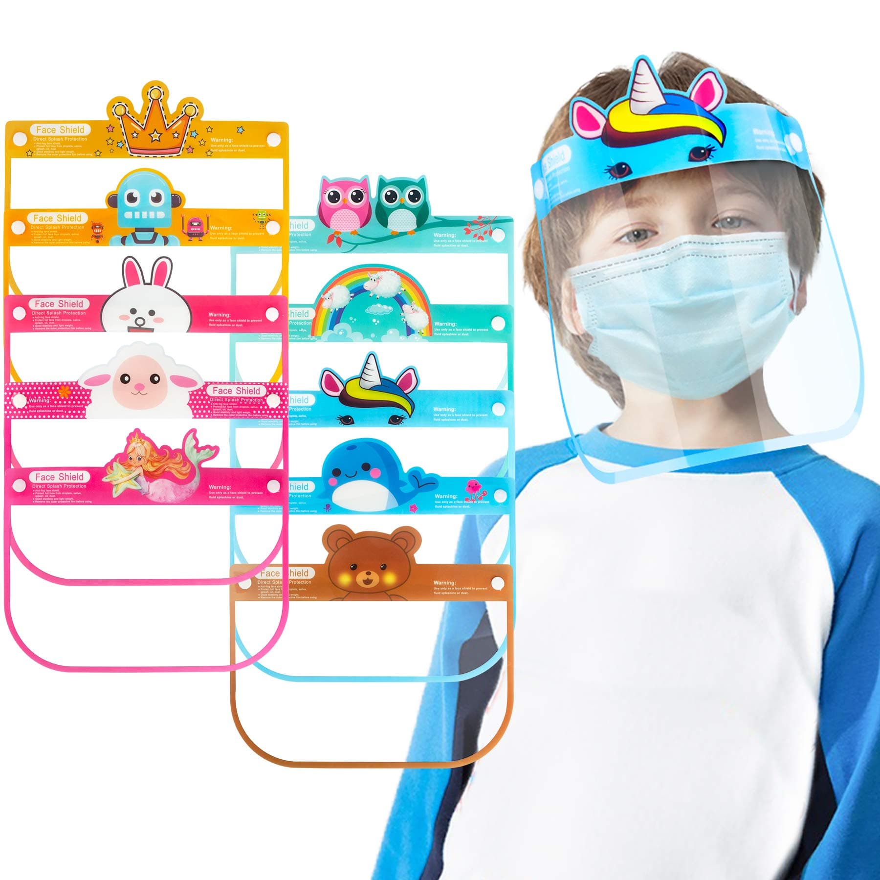 10PCS Kids' PET Reusable Clear Protective Safety Face Shields Assorted Designs for Boys & Girls, Lightweight High Transparency Wrap-Around Splash Cover Anti-Fog Visor Comfortable Fit Elastic Headband