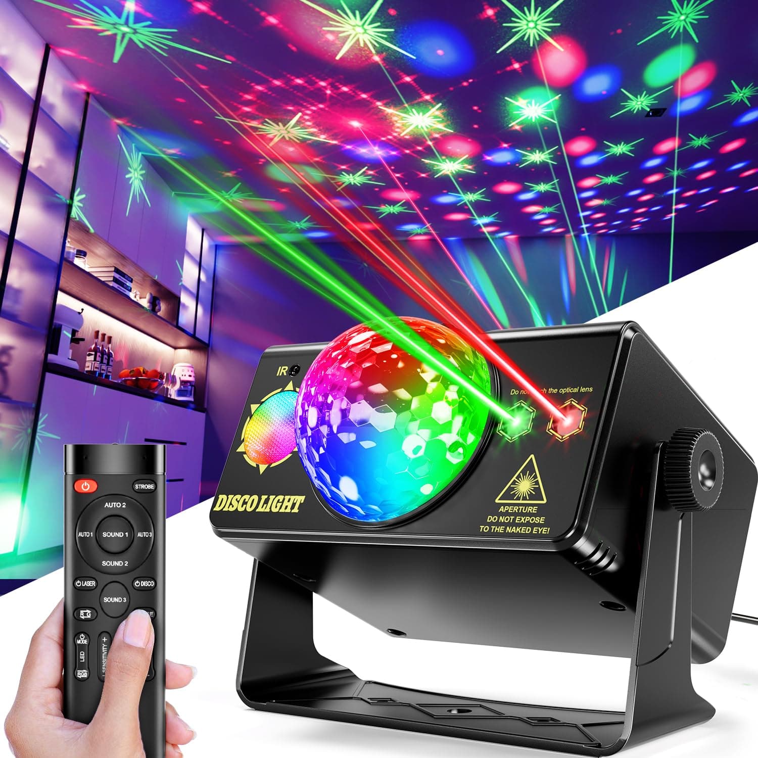 Party Lights DJ Disco Ball & LED Stage Strobe Light with Sound-Activated 10ft USB-C Cable,Remote,Disco Lights for Parties Indoor Use,Birthday,Dance,Clubs,Bar,Living Room,Weddings, Holidays Décor