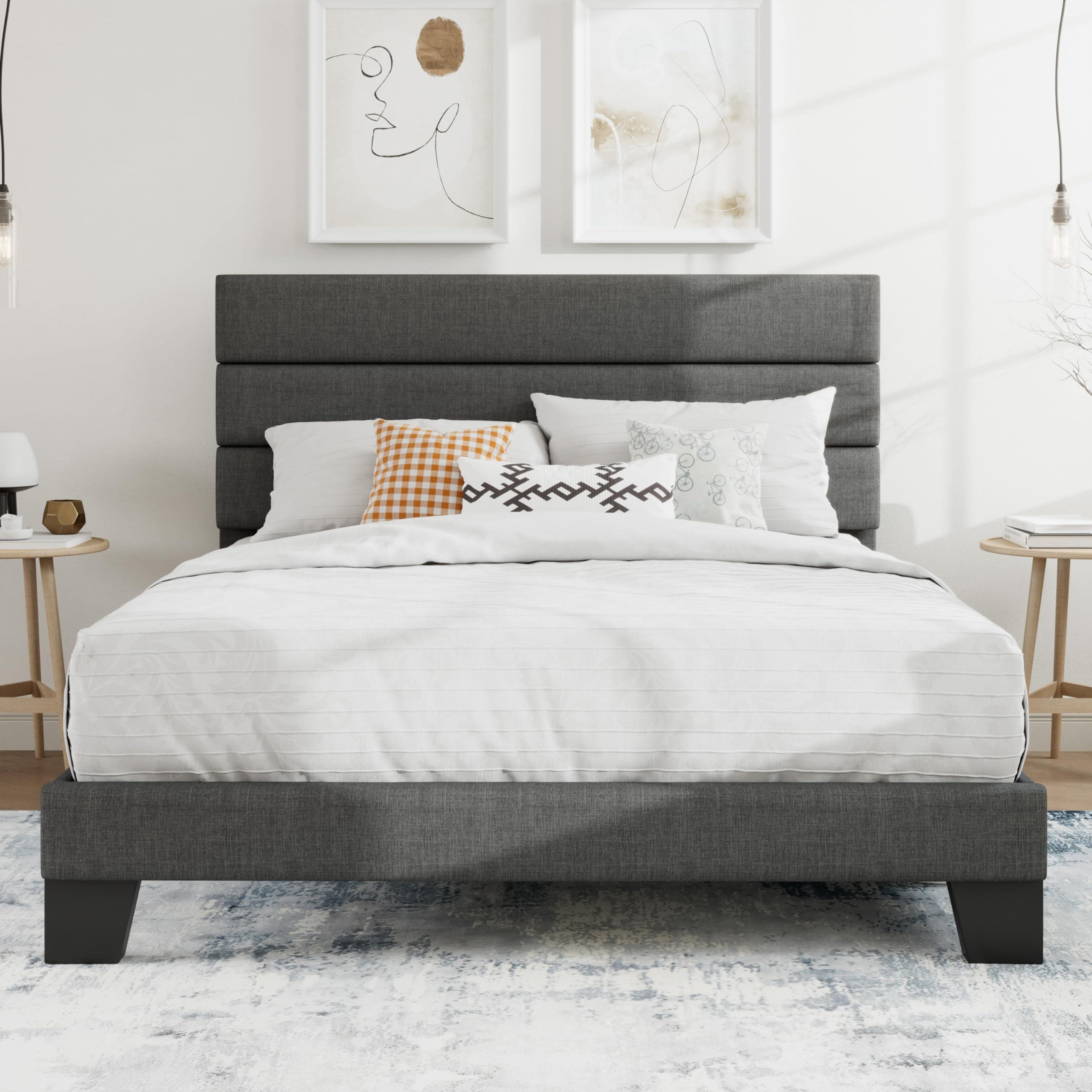 Queen Platform Bed Frame with Upholstered Fabric Headboard, Mattress Foundation with Strong Wooden Slats Support, No Box Spring Needed, Grey