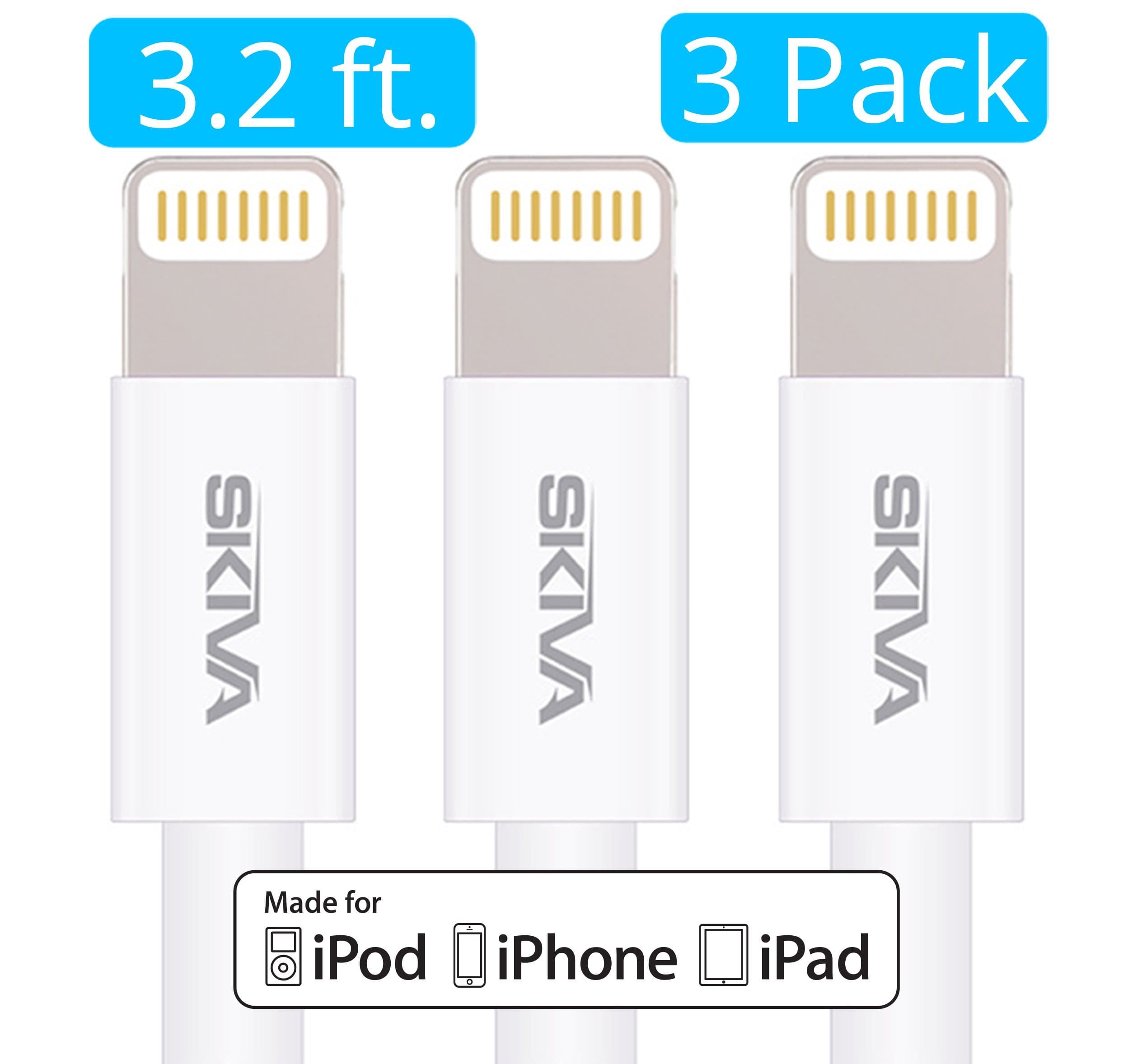 [3-Pack Bundle] Skiva USBLink (3.2 ft / 1m) Apple MFi Certified Fastest Sync and Charge 8-pin Lightning to USB Cables for iPhone X 8 7 6 Plus SE, iPad Pro Air mini, iPod touch & more [Model:CB114]