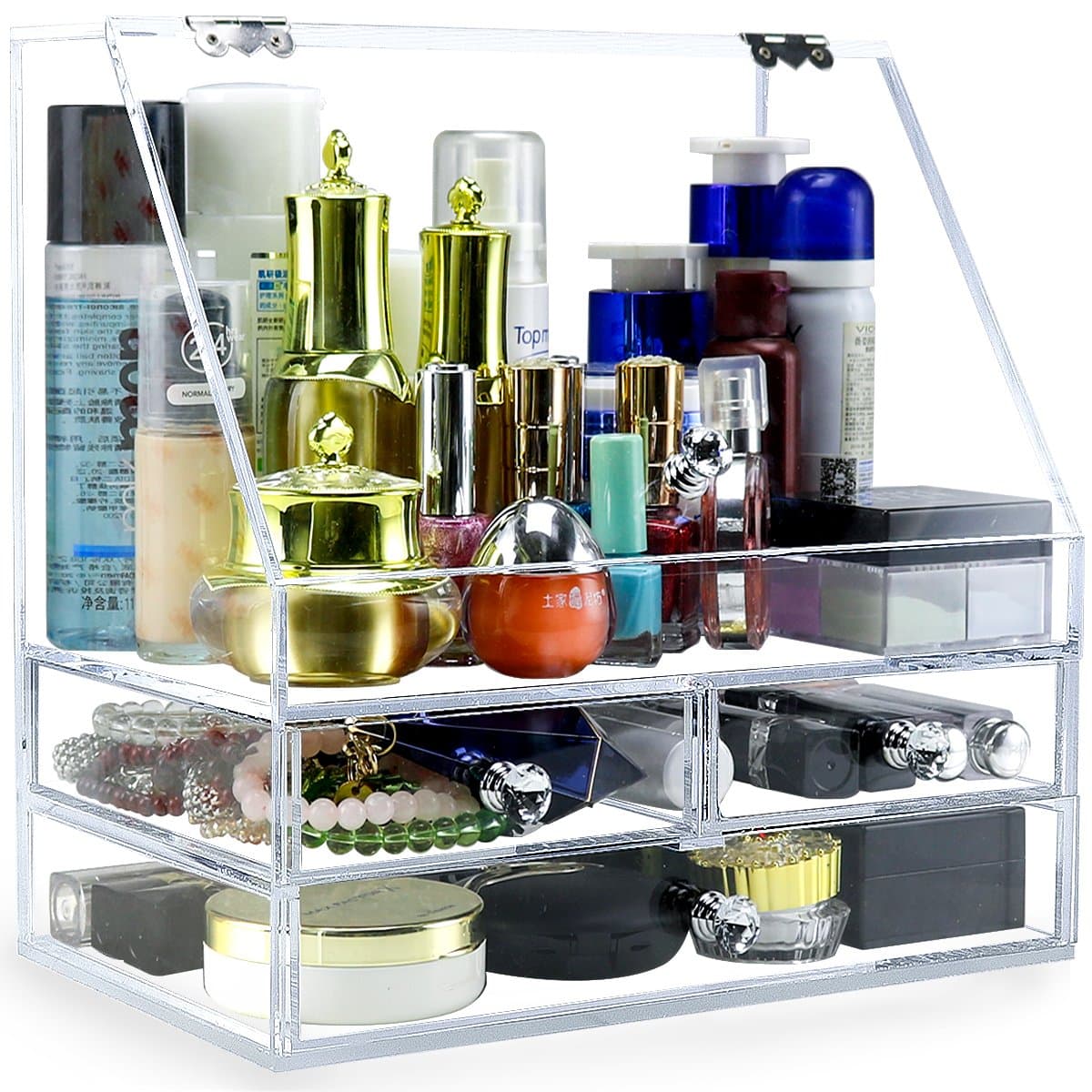 NEWCREA Makeup Organiser with Lid,Clear Bathroom Organiser with 3 Drawer,Acrylic Jewelry Holder Box to Tidy Your Cosmetics,Brush tools,Skin Care