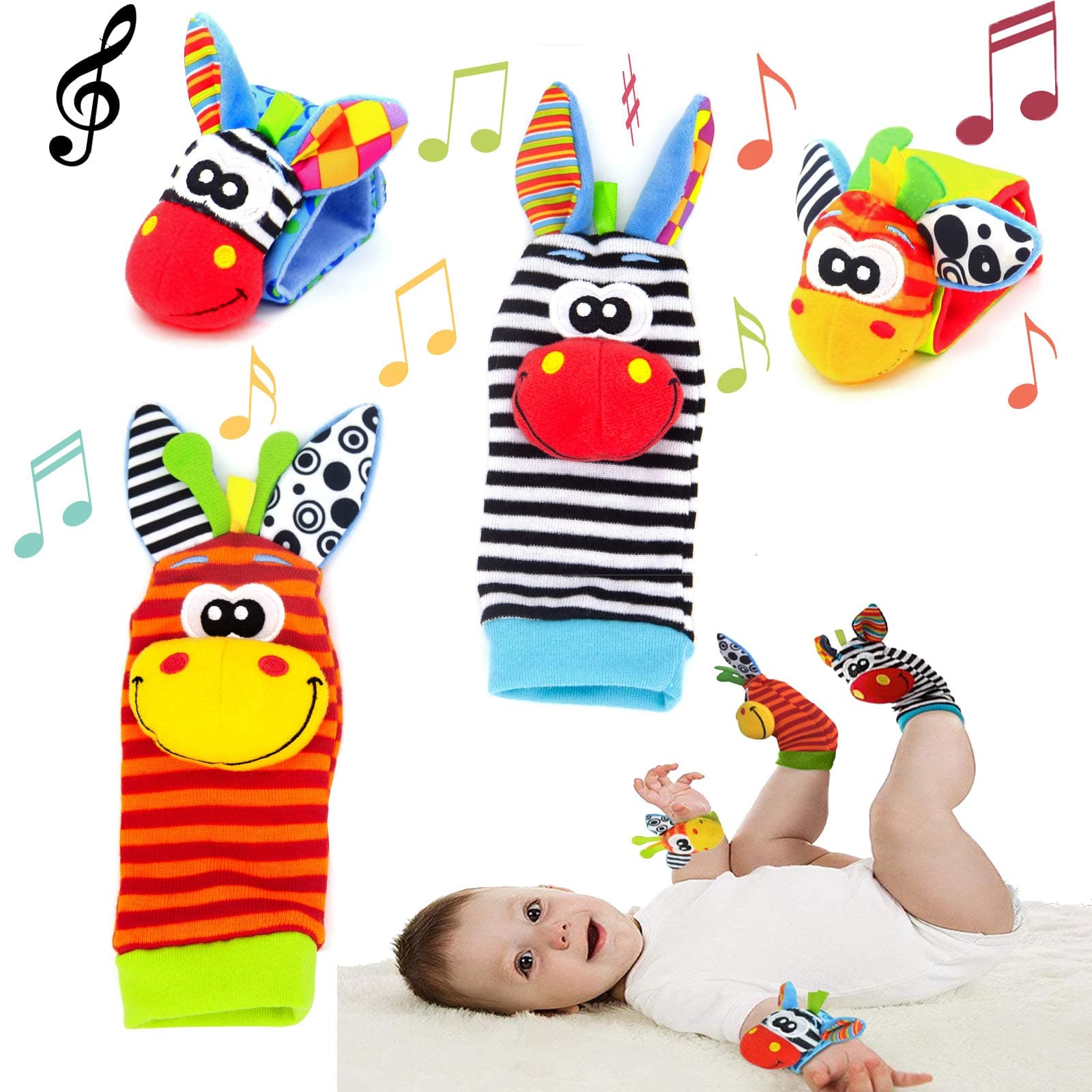 Baby Rattle Socks Wrist Rattles Foot Finder Socks Set, Baby Rattle Toys Animal Wrist Rattle Soft Bell Strap Development Toy Gift for Newborn Babies Infant Boy Girl 0-6 Month,2pcs Waist 2pcs Sock