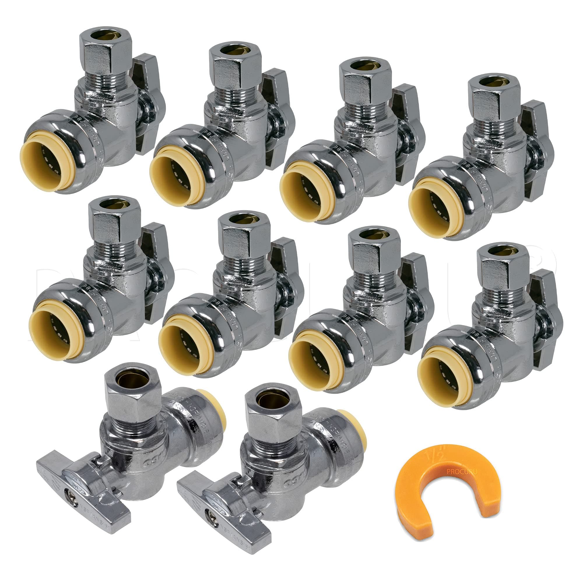 [10-Pack] PROCURU PushFit Angle Stop Valve 1/2" Push x 3/8" OD Comp, Quarter-Turn Push-to-Connect Brass Shutoff Valve for Copper, PEX, CPVC, PE-RT, HDPE Pipes, LF Certified Safe (8X8012-11T)