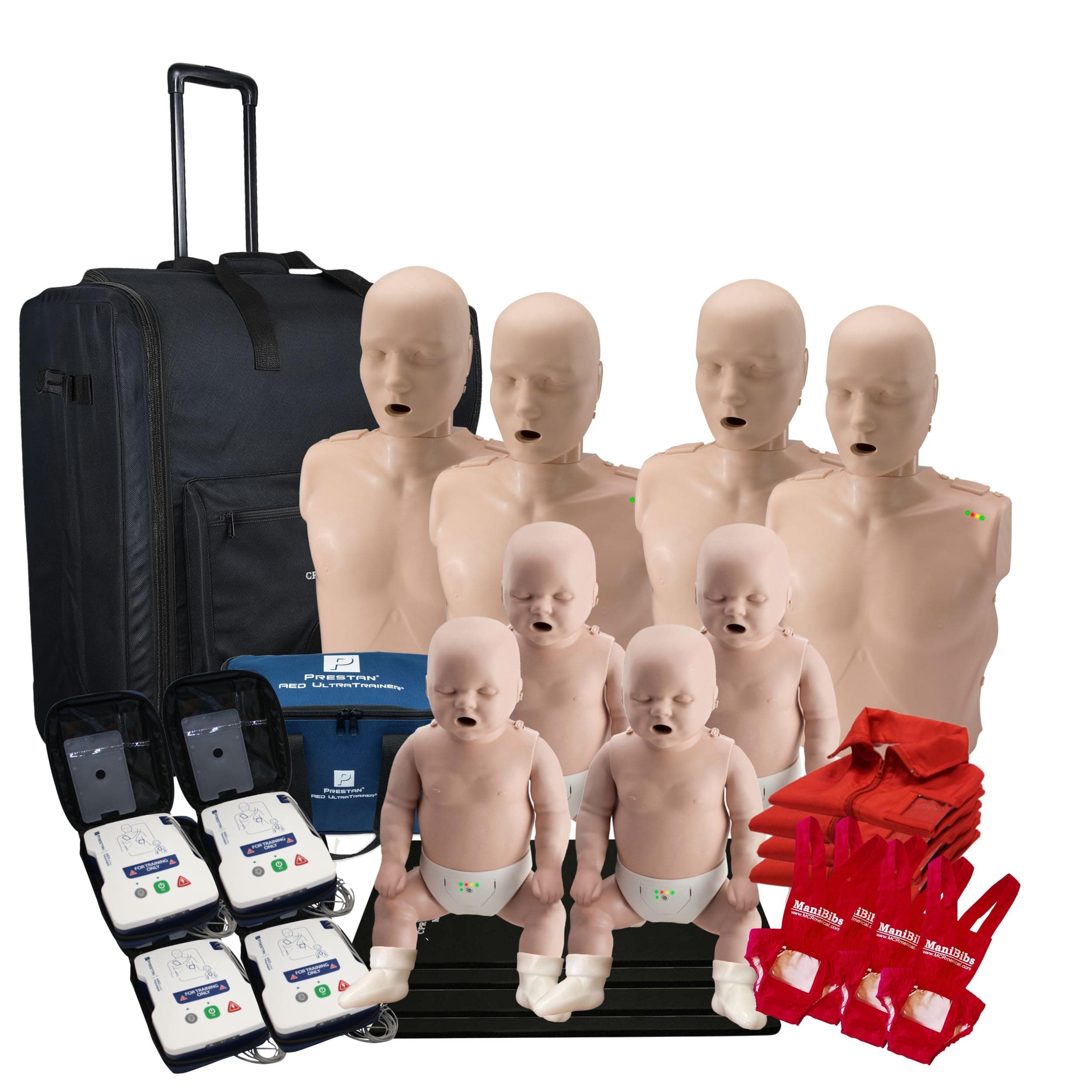 PRESTAN CPR Adult Manikin 4-Pack w. Feedback, Infant Manikin 4-Pack w. Feedback, AED UltraTrainers, Wheeled Carryall, & MCR Accessories