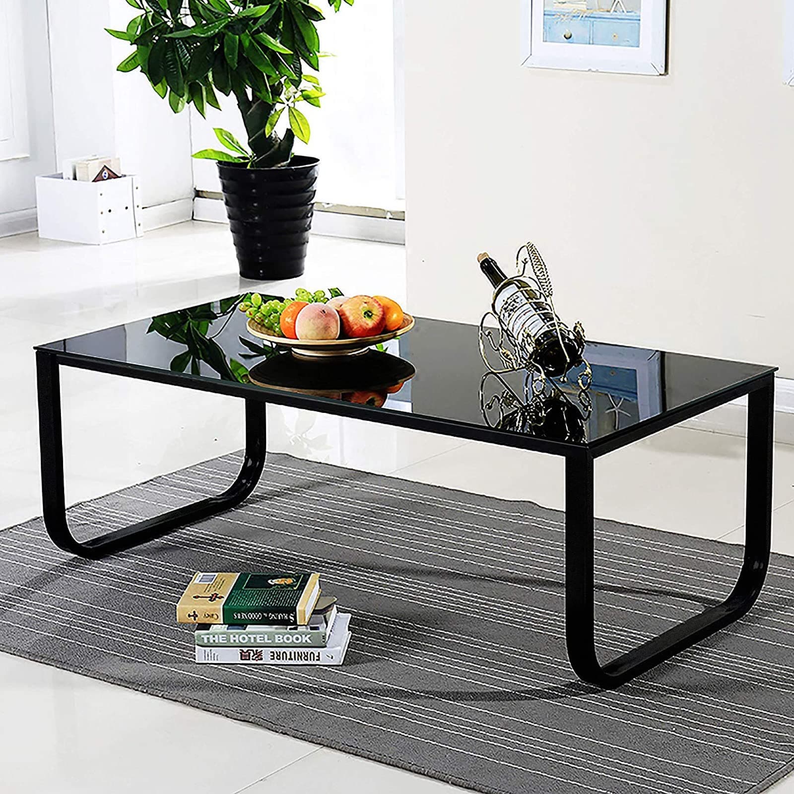 OFCASA Black Glass Coffee Table with Metal Legs